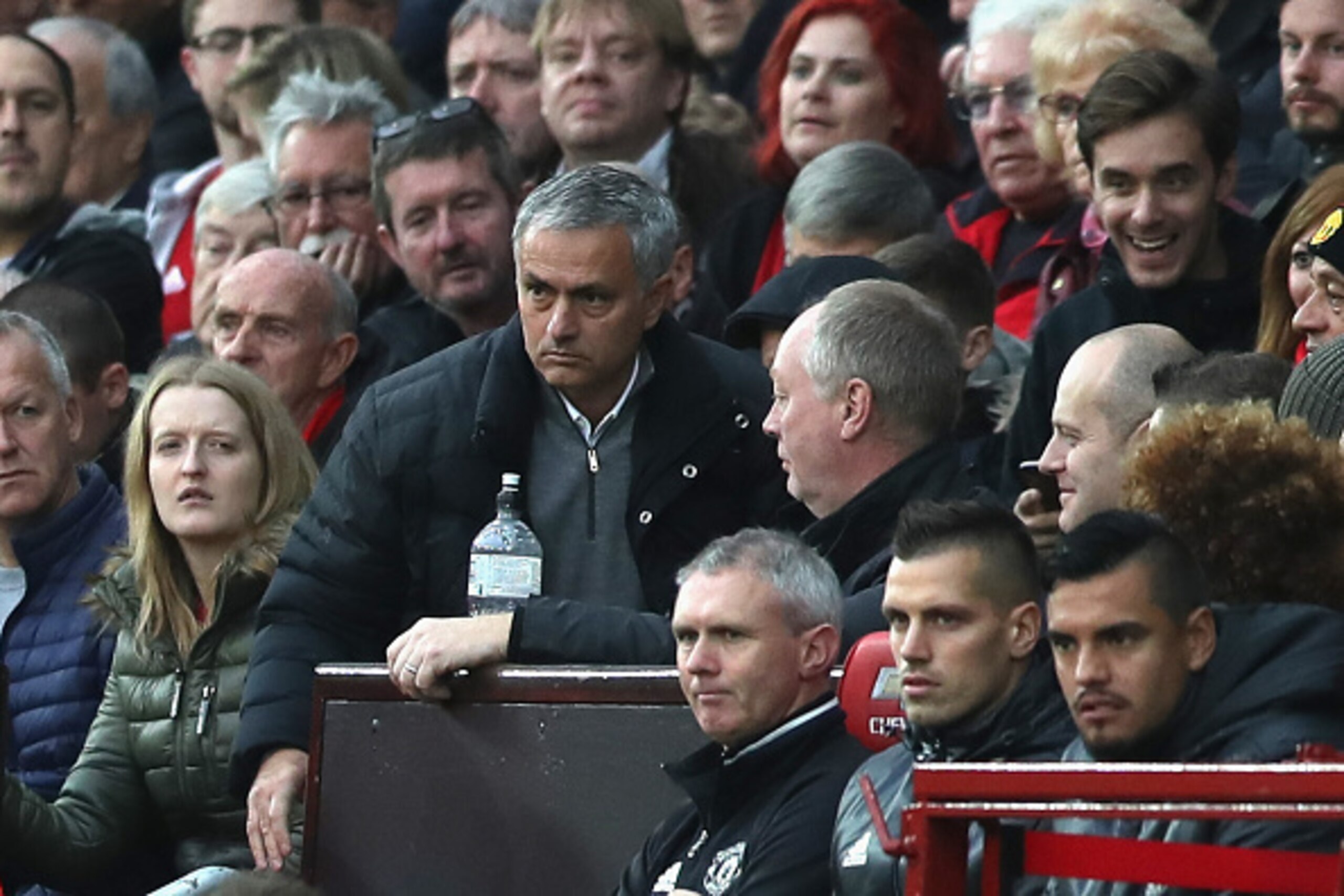 MANCHESTER, ENGLAND - OCTOBER 29: Jose Mourinho, Manager of Manchester United (L) goes to the stands to watch the rest of the match during the Premier League match between Manchester United and Burnley at Old Trafford on October 29, 2016 in Manchester, En