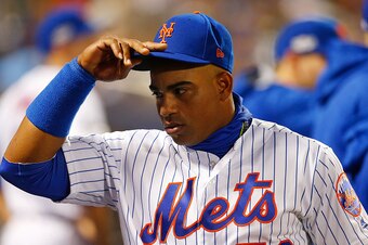 NEW YORK, NY - OCTOBER 05:  (NEW YORK DAILIES OUT)    Yoenis Cespedes #52 of the New York Mets looks on against the San Francisco Giants during the National League Wild Card game at Citi Field on October 5, 2016 in the Flushing neighborhood of the Queens 