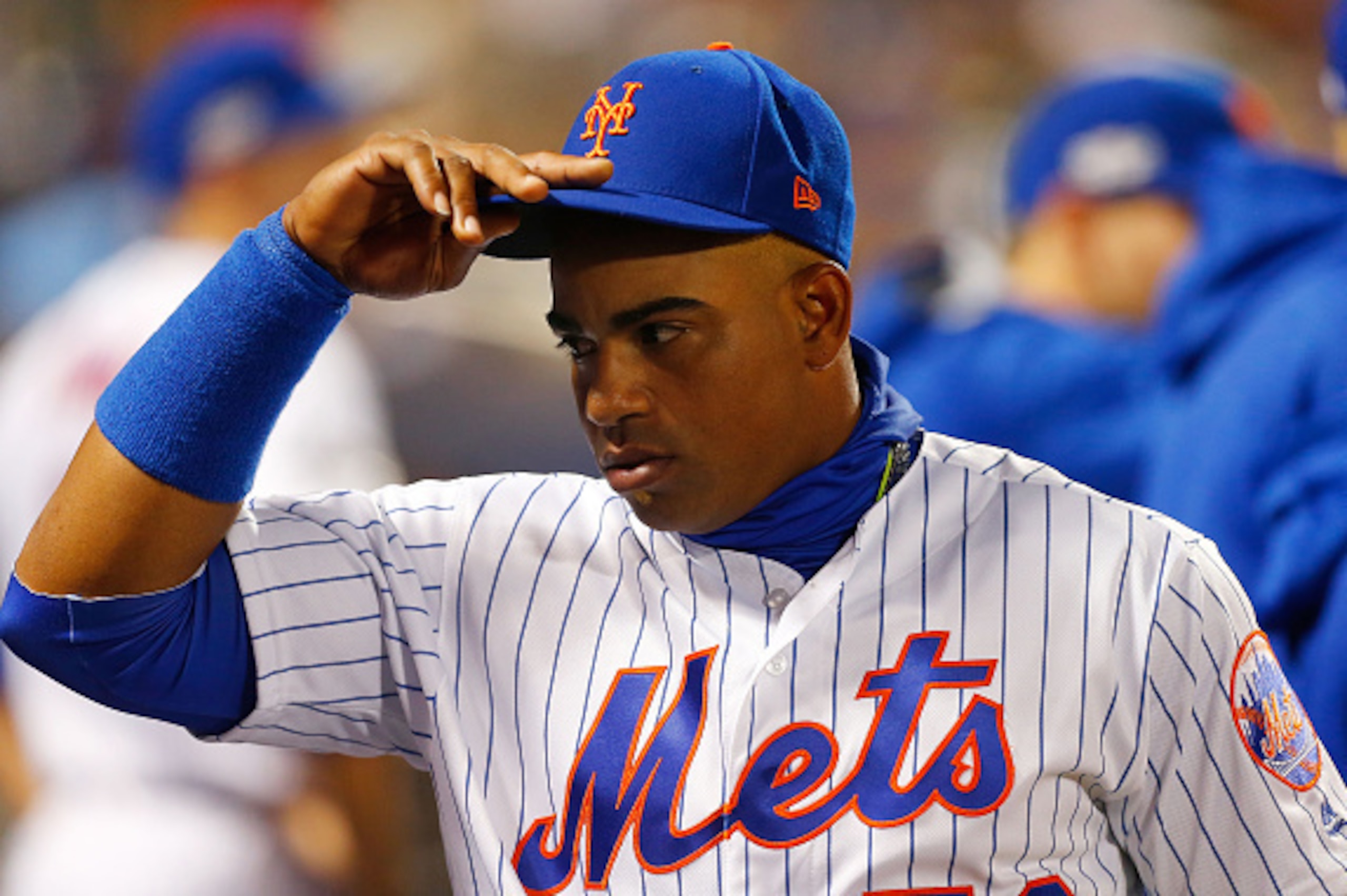 NEW YORK, NY - OCTOBER 05:  (NEW YORK DAILIES OUT)    Yoenis Cespedes #52 of the New York Mets looks on against the San Francisco Giants during the National League Wild Card game at Citi Field on October 5, 2016 in the Flushing neighborhood of the Queens 