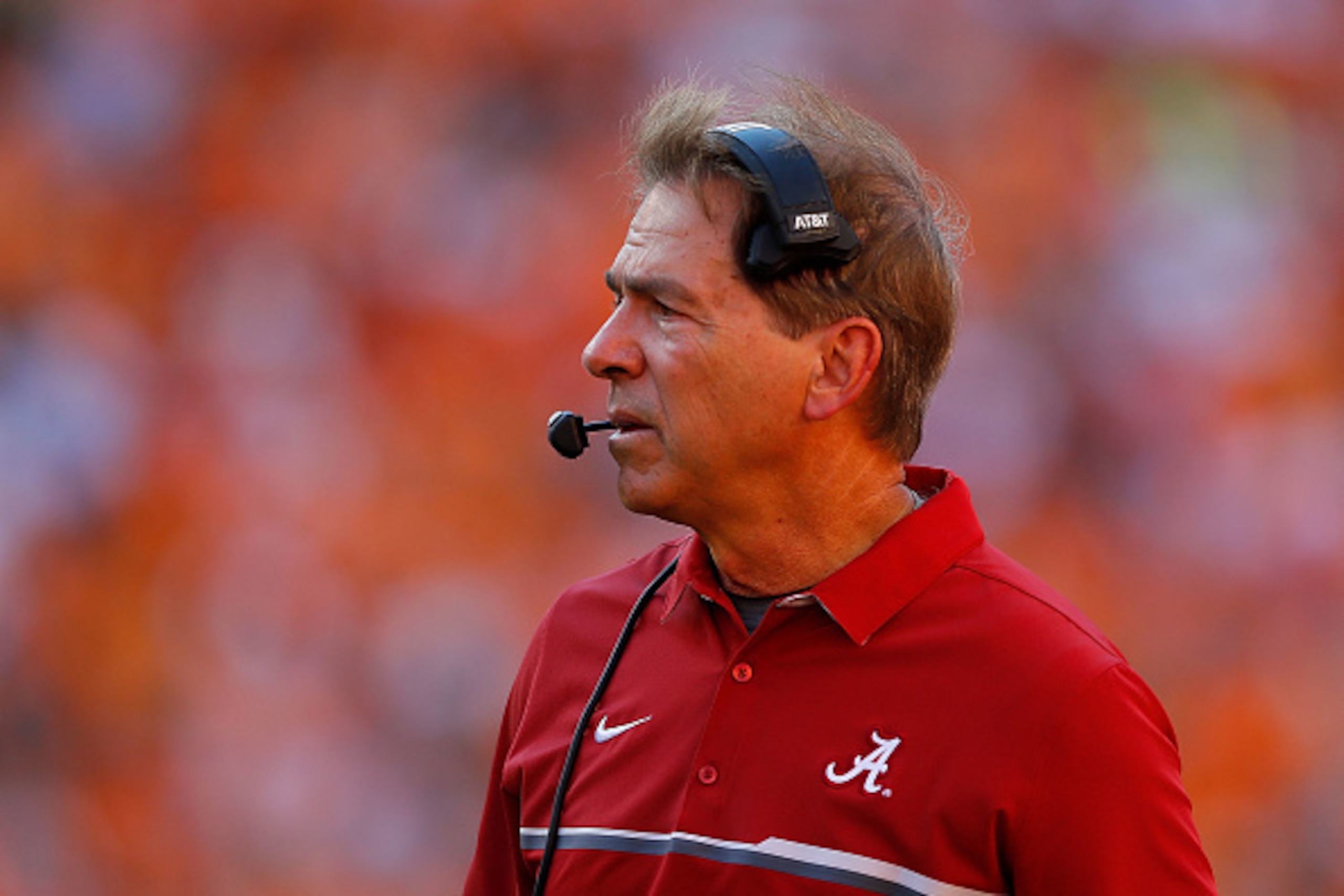 KNOXVILLE, TN - OCTOBER 15:  Head coach Nick Saban of the Alabama Crimson Tide looks on during the game against the Tennessee Volunteers at Neyland Stadium on October 15, 2016 in Knoxville, Tennessee.  (Photo by Kevin C. Cox/Getty Images)