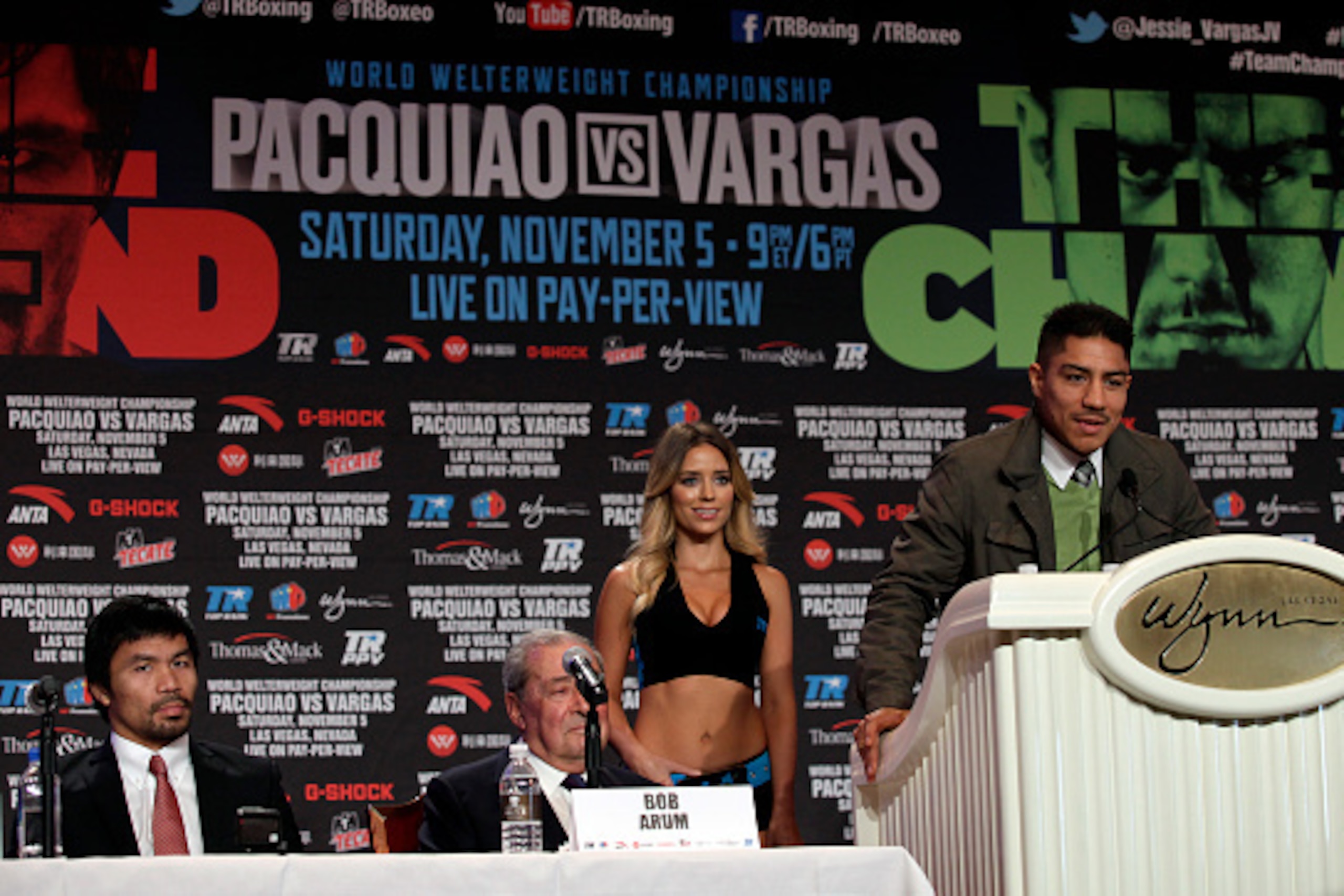 Boxer Jessie Vargas of USA (R) speaks during a news conference with Manny Pacquiao of the Philippines (L) at The Wynn Las Vegas on November 2, 2016.  Pacquiao will challenge Vargas for the WBO Welterweight Championship November 5, 2016 at the Thomas & Mac
