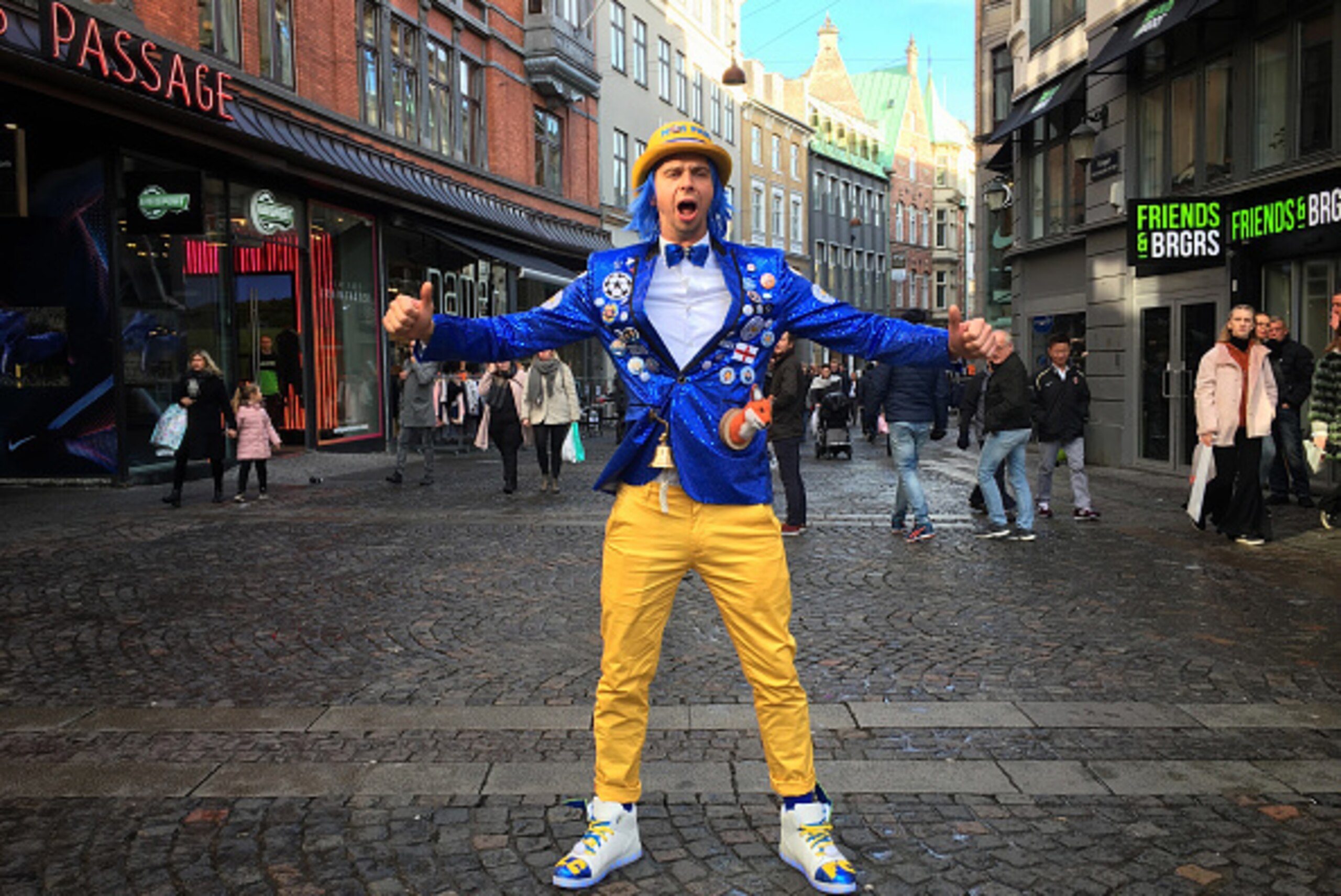 COPENHAGEN, DENMARK - NOVEMBER 02:  A colourful Leicester City fan poses in the city centre prior to the UEFA Champions League match between FC Copenhagen and Leicester City FC at Parken Stadium on November 2, 2016 in Copenhagen, Denmark.  (Photo by Micha