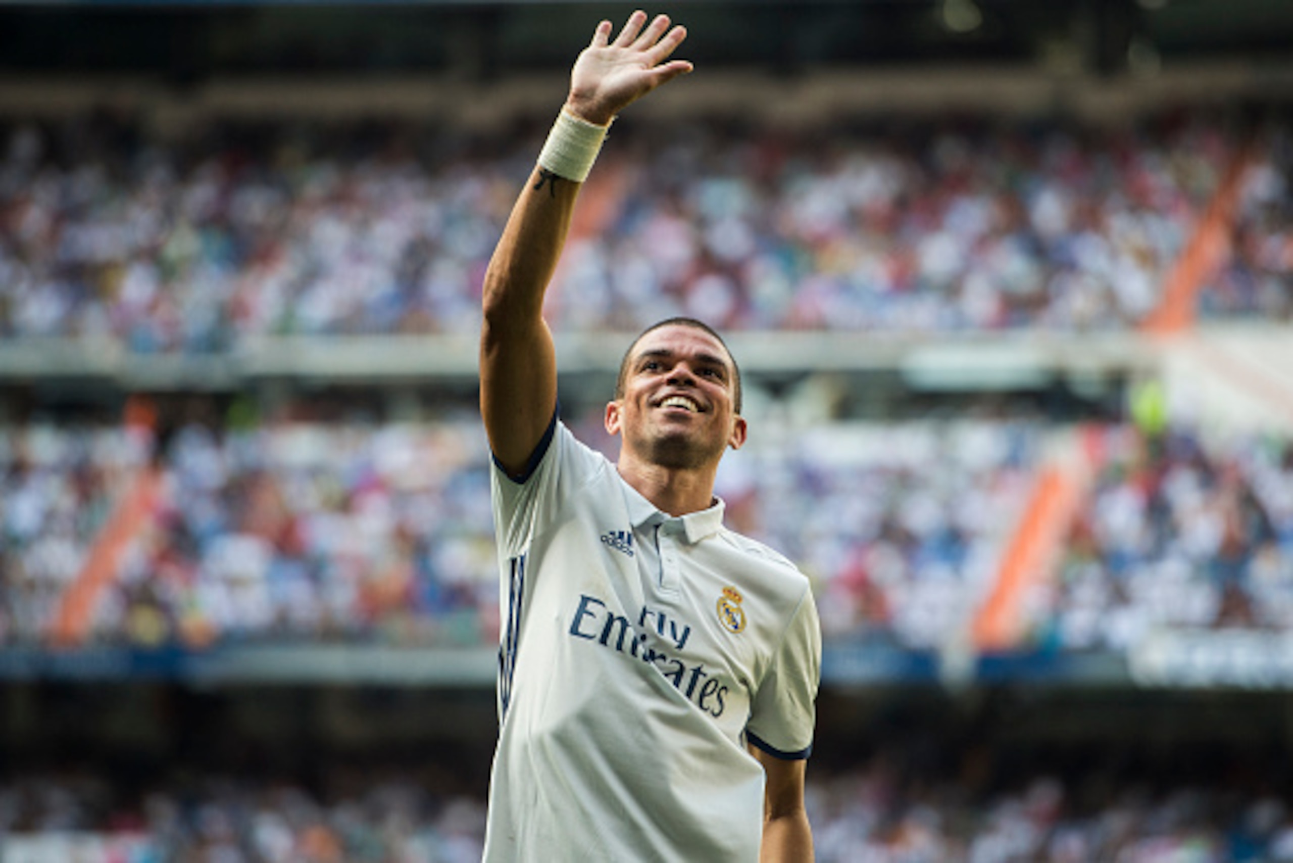 MADRID - SEPTEMBER 10: Pepe of Real Madrid celebrates after scoring during the La Liga match between Real Madrid and Osasuna at the Santiago Bernabeu Stadium on 10 September 2016 in Madrid, Spain. (Photo by Power Sport Images/Getty Images) MADRID - SEPTEMBER 10: Pepe of Real Madrid celebrates after scoring during the La Liga match between Real Madrid and Osasuna at the Santiago Bernabeu Stadium on 10 September 2016 in Madrid, Spain. (Photo by Power Sport Images/Getty Images)