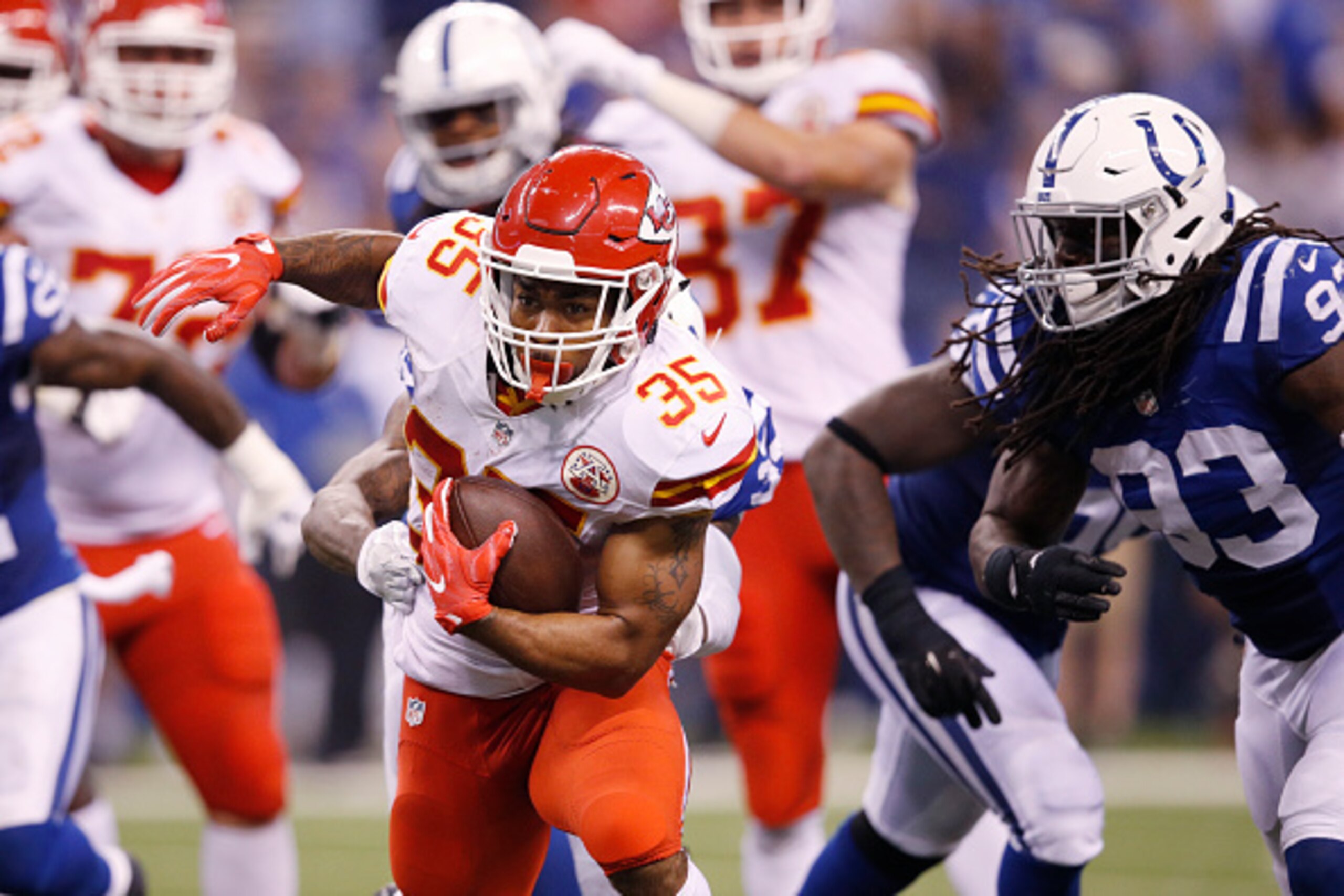 INDIANAPOLIS, IN - OCTOBER 30: Charcandrick West #35 of the Kansas City Chiefs runs with the ball against the Indianapolis Colts during the game at Lucas Oil Stadium on October 30, 2016 in Indianapolis, Indiana. The Chiefs defeated the Colts 30-14. (Photo