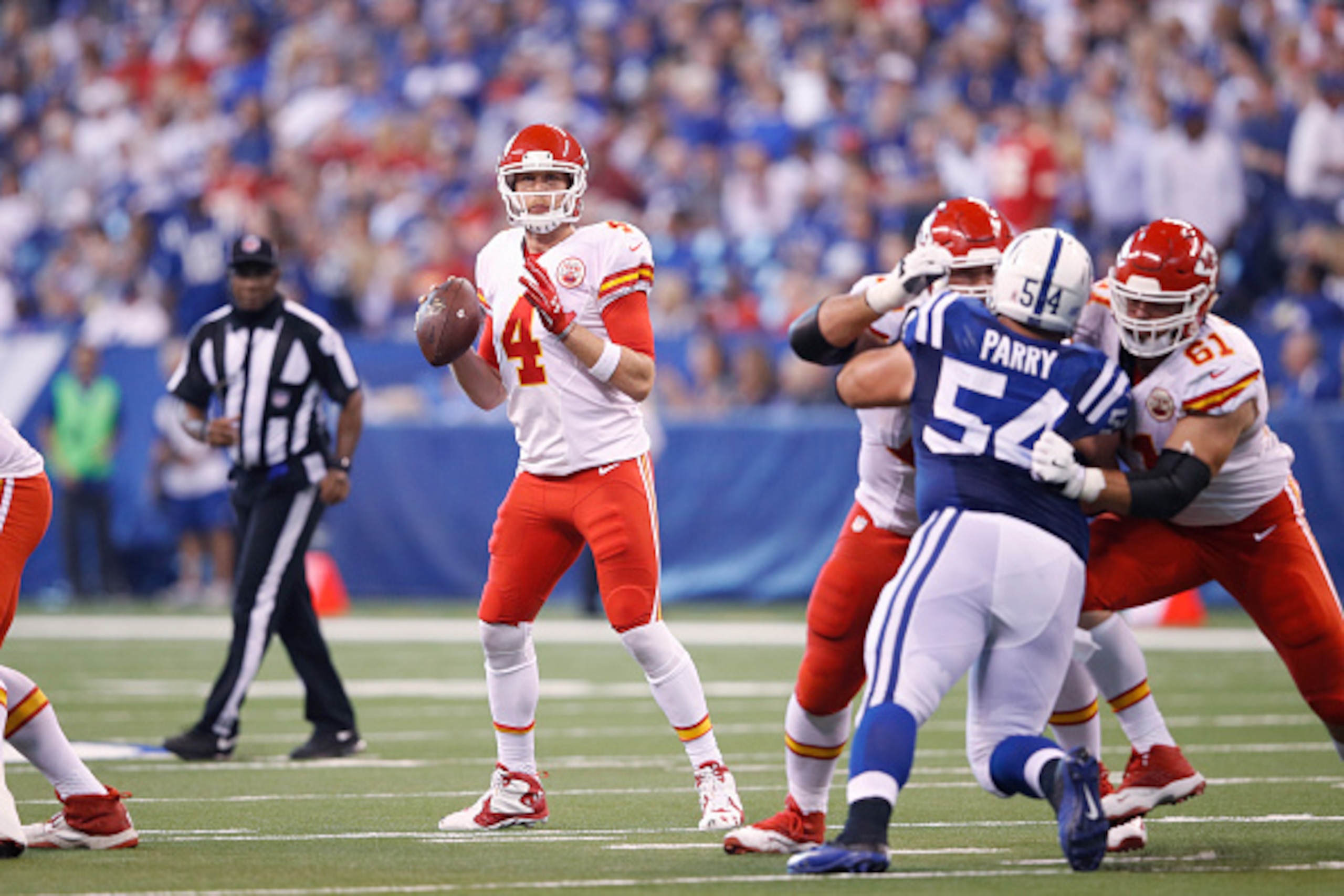 INDIANAPOLIS, IN - OCTOBER 30: Nick Foles #4 of the Kansas City Chiefs looks to pass against the Indianapolis Colts during the game at Lucas Oil Stadium on October 30, 2016 in Indianapolis, Indiana. The Chiefs defeated the Colts 30-14. (Photo by Joe Robbi