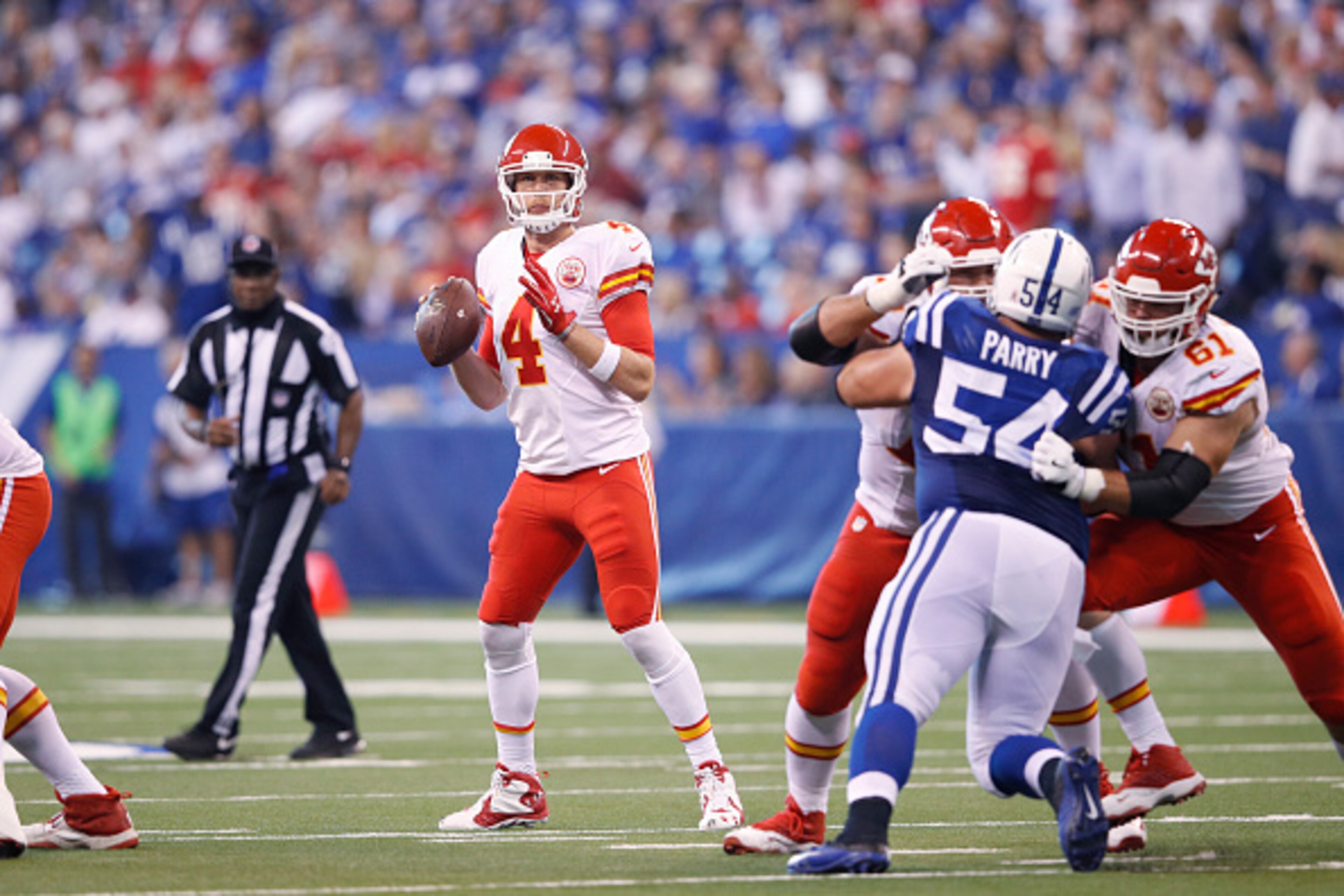 INDIANAPOLIS, IN - OCTOBER 30: Nick Foles #4 of the Kansas City Chiefs looks to pass against the Indianapolis Colts during the game at Lucas Oil Stadium on October 30, 2016 in Indianapolis, Indiana. The Chiefs defeated the Colts 30-14. (Photo by Joe Robbi