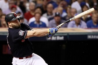 CLEVELAND, OH - NOVEMBER 02:  Mike Napoli #26 of the Cleveland Indians breaks his bat during the first inning against the Chicago Cubs in Game Seven of the 2016 World Series at Progressive Field on November 2, 2016 in Cleveland, Ohio.  (Photo by Ezra Shaw