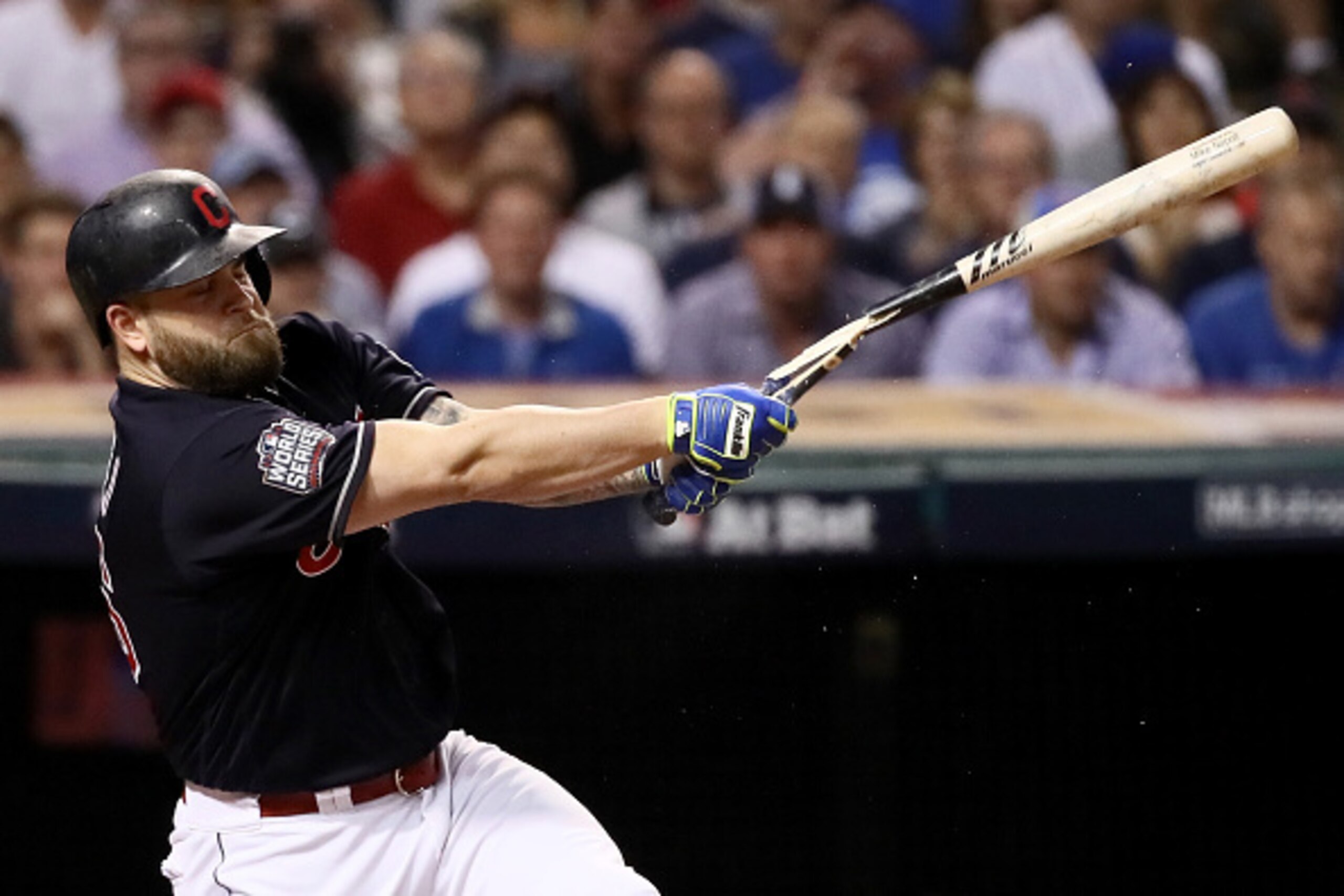 CLEVELAND, OH - NOVEMBER 02:  Mike Napoli #26 of the Cleveland Indians breaks his bat during the first inning against the Chicago Cubs in Game Seven of the 2016 World Series at Progressive Field on November 2, 2016 in Cleveland, Ohio.  (Photo by Ezra Shaw