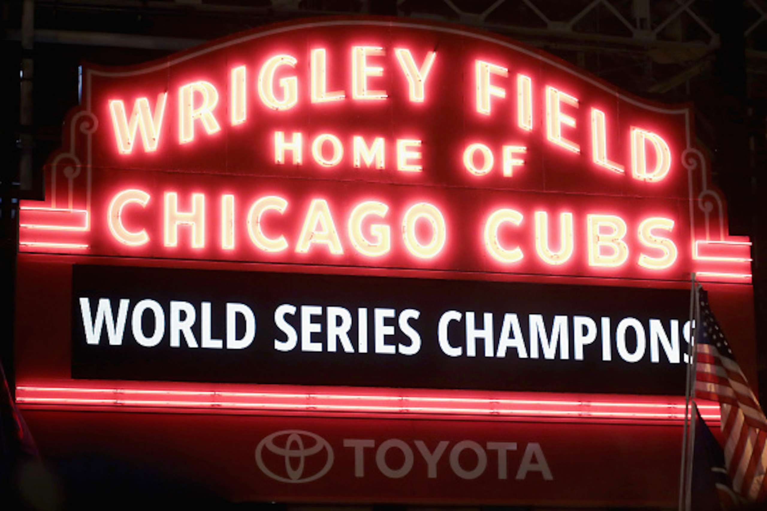 CHICAGO, IL - NOVEMBER 02:  Chicago Cubs fans celebrate outside Wrigley Field after the Cubs defeated the Cleveland Indians in game seven of the 2016 World Series on November 2, 2016 in Chicago, Illinois. The Cubs 8-7 victory landed them their first World