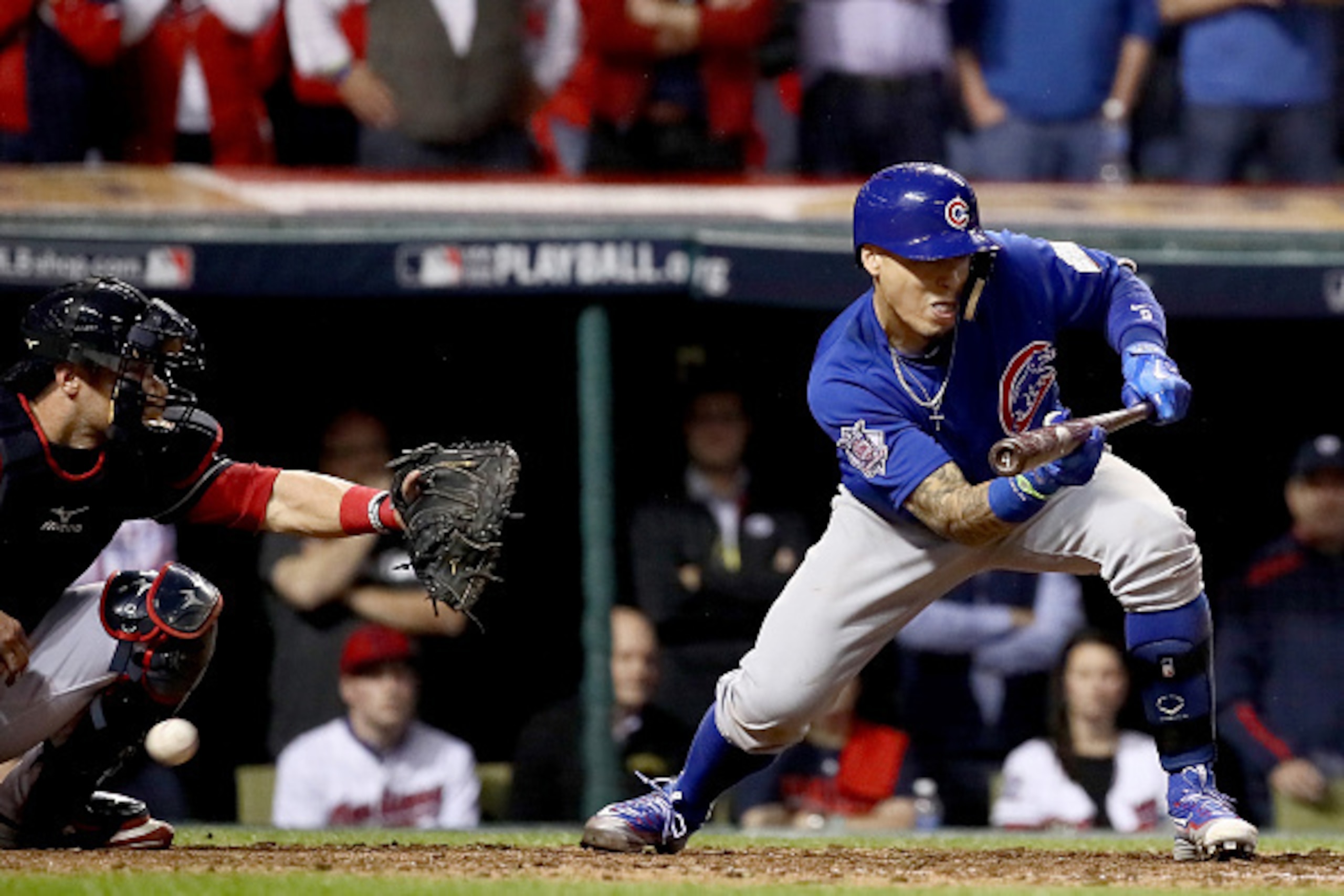 CLEVELAND, OH - NOVEMBER 02:  Javier Baez #9 of the Chicago Cubs strikes out trying to bunt in the ninth inning against the Cleveland Indians in Game Seven of the 2016 World Series at Progressive Field on November 2, 2016 in Cleveland, Ohio.  (Photo by Ez
