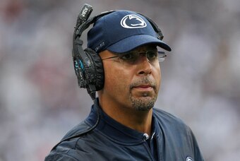 Oct 8, 2016; University Park, PA, USA; Penn State Nittany Lions head coach James Franklin looks on from the sideline during the fourth quarter against the Maryland Terrapins at Beaver Stadium. Penn State defeated Maryland 38-14. Mandatory Credit: Matthew