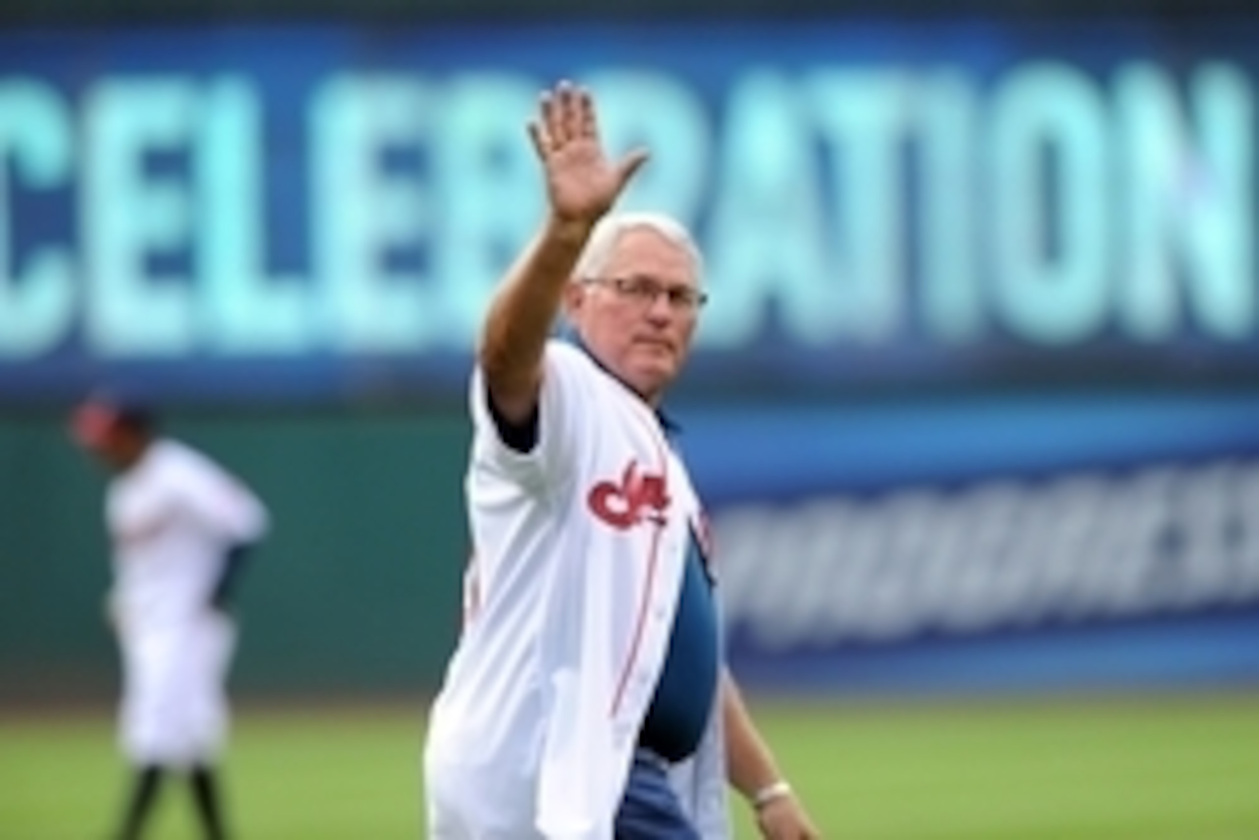 Jun 19, 2015; Cleveland, OH, USA; Former Cleveland Indians manager Mike Hargrove waves to the crowd during a pre-game celebration for the 1995 Indians team before the game between the Cleveland Indians and the Tampa Bay Rays at Progressive Field. Mandator