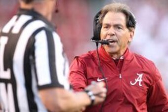 Oct 8, 2016; Fayetteville, AR, USA; Alabama Crimson Tide head coach Nick Saban reacts to a call during the first quarter against the Arkansas Razorbacks at Donald W. Reynolds Razorback Stadium. Mandatory Credit: Nelson Chenault-USA TODAY Sports