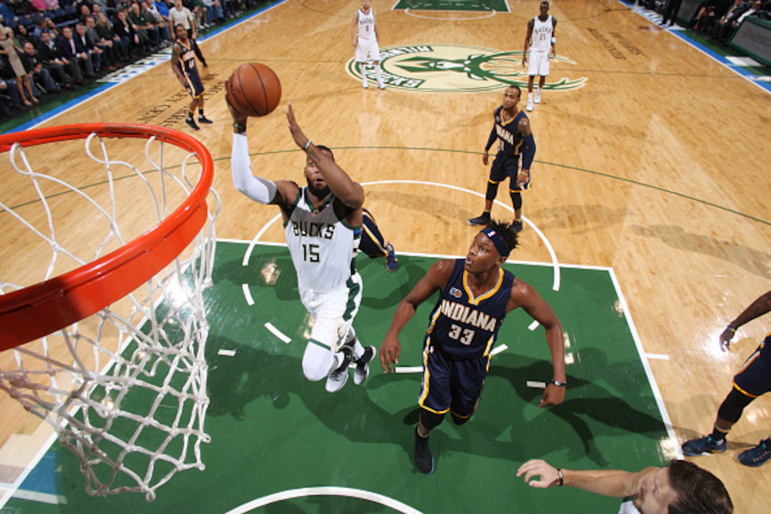 Milwaukee, WI - NOVEMBER 3:  Greg Monroe #15 of the Milwaukee Bucks goes up for a lay up during a game against the Indiana Pacers on November 3, 2016 at the BMO Harris Bradley Center in Milwaukee, Wisconsin. NOTE TO USER: User expressly acknowledges and a