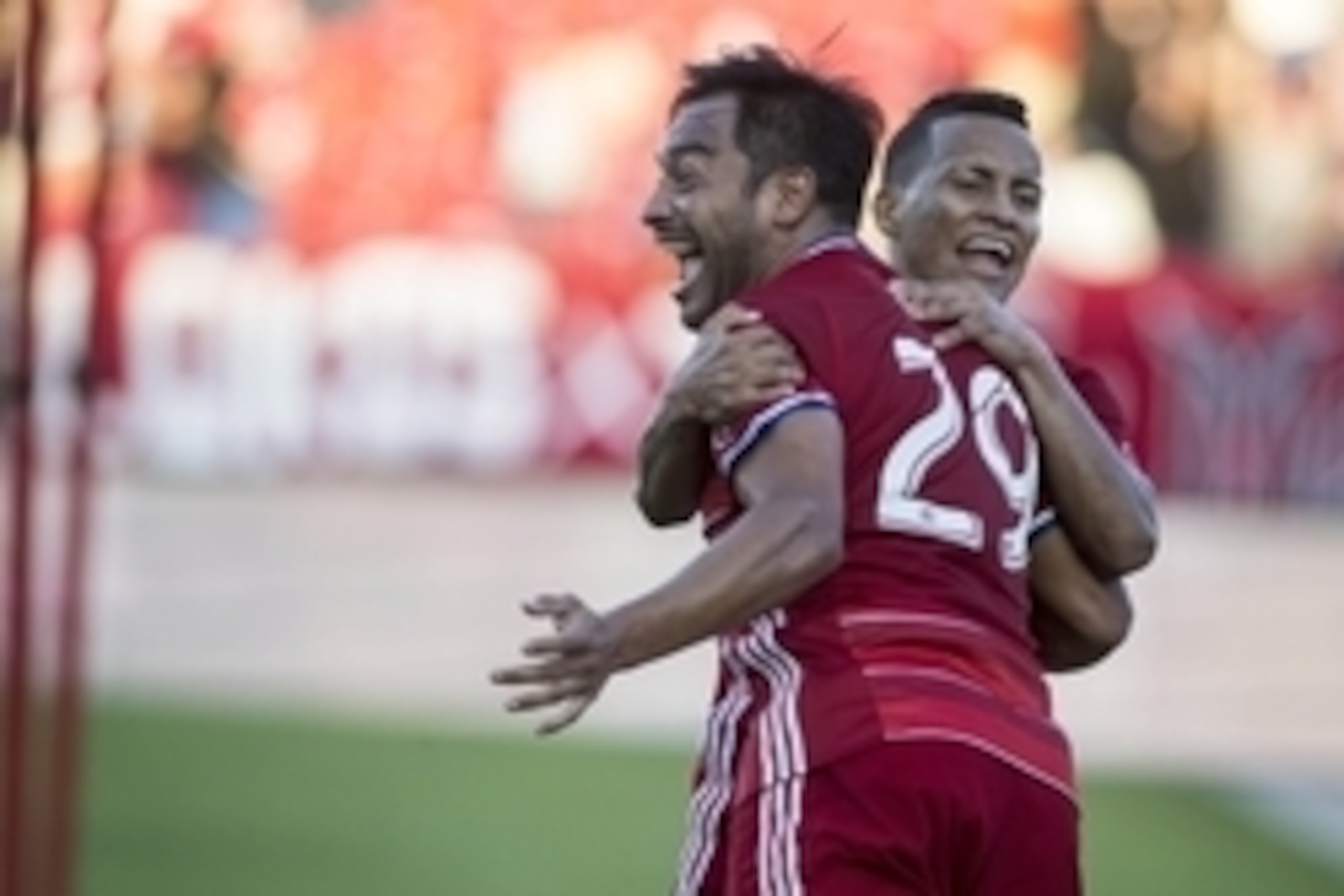 Oct 16, 2016; Dallas, TX, USA; FC Dallas forward Carlos Ruiz (29) and midfielder Michael Barrios (21) celebrate scoring a goal in the second half against the Seattle Sounders at Toyota Stadium. FC Dallas won 2-1. Mandatory Credit: Tim Heitman-USA TODAY Sp Oct 16, 2016; Dallas, TX, USA; FC Dallas forward Carlos Ruiz (29) and midfielder Michael Barrios (21) celebrate scoring a goal in the second half against the Seattle Sounders at Toyota Stadium. FC Dallas won 2-1. Mandatory Credit: Tim Heitman-USA TODAY Sp