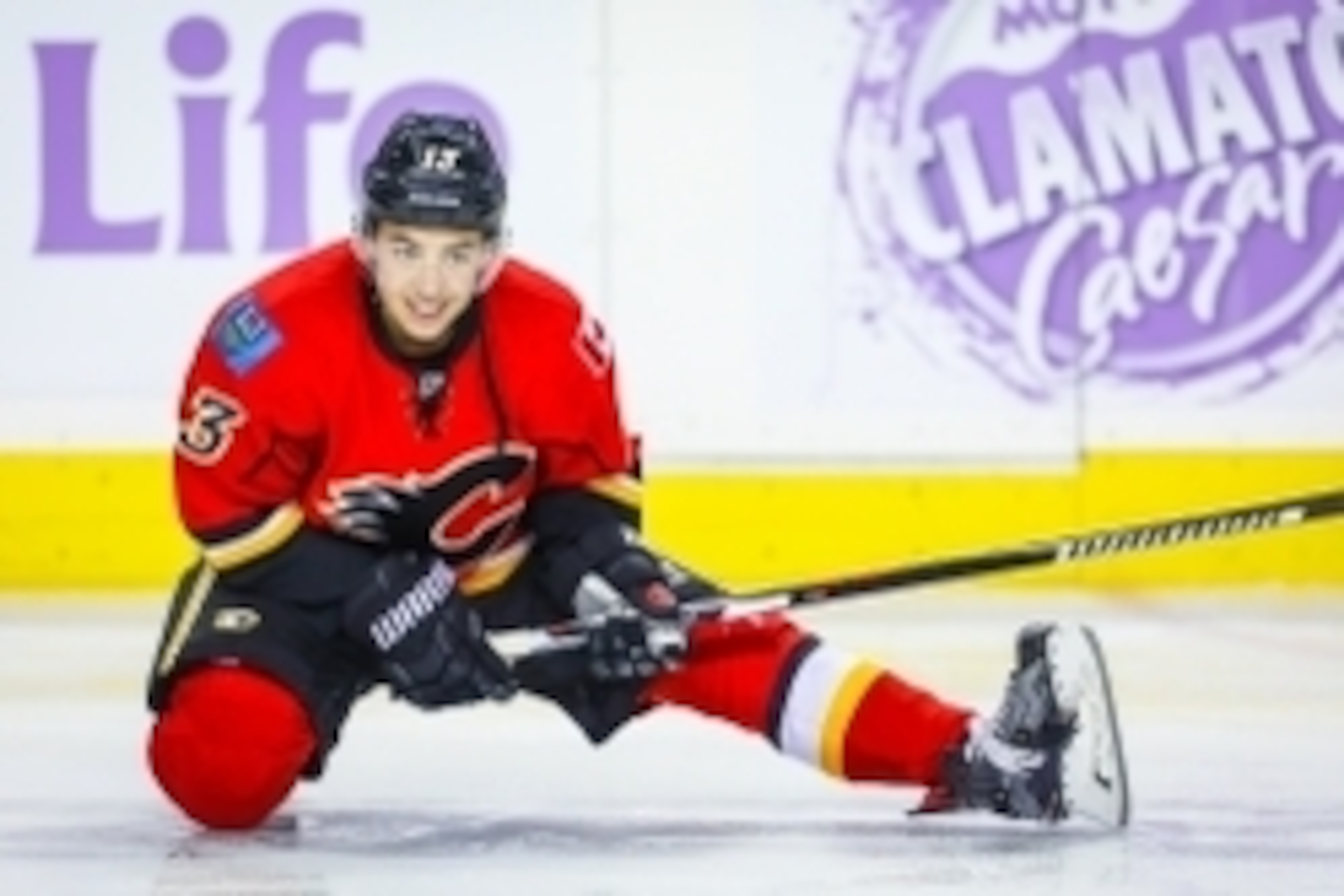 Oct 28, 2016; Calgary, Alberta, CAN; Calgary Flames left wing Johnny Gaudreau (13) during the warmup period against Ottawa Senators at Scotiabank Saddledome. Mandatory Credit: Sergei Belski-USA TODAY Sports