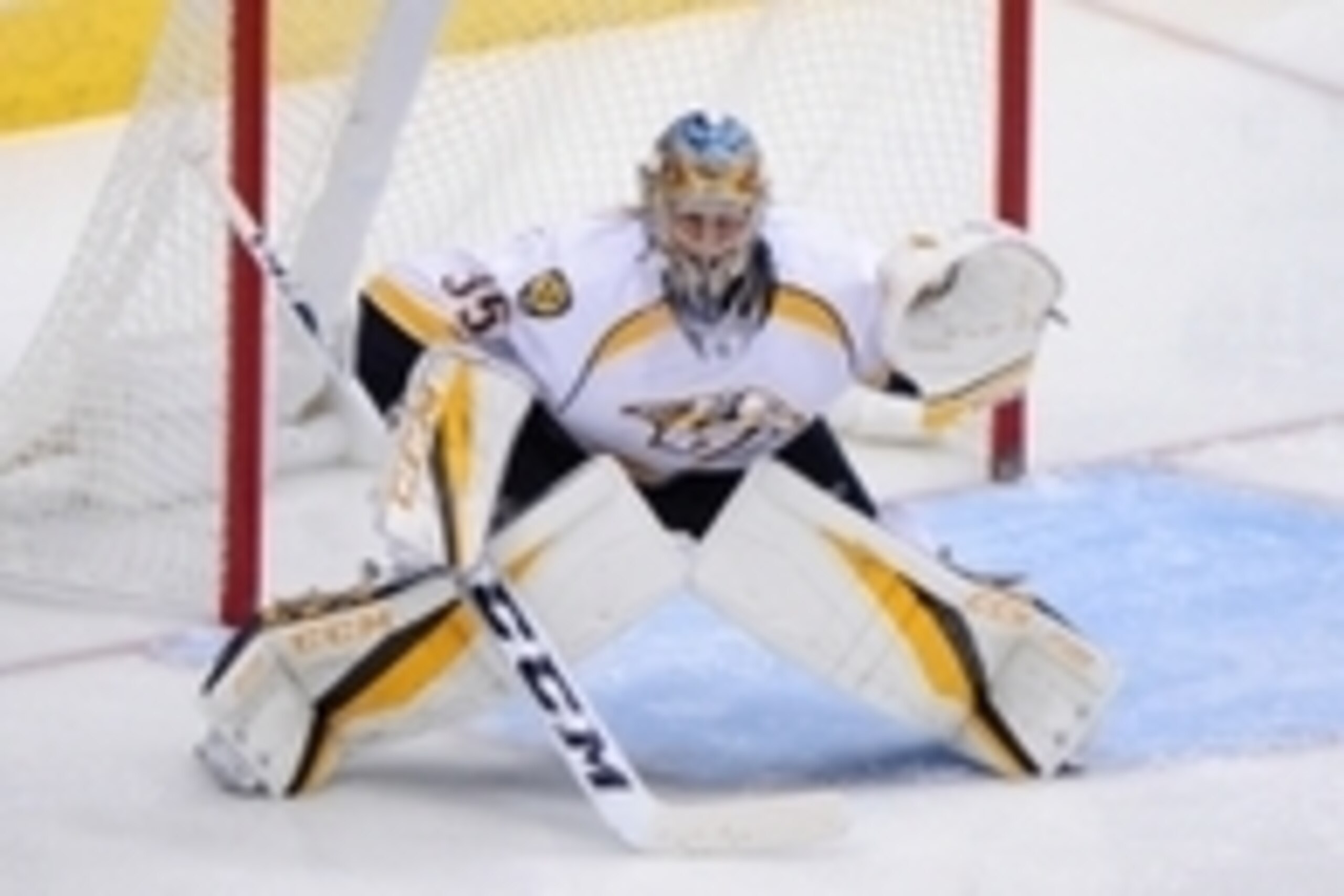 Nov 3, 2016; Glendale, AZ, USA;  Nashville Predators goalie Pekka Rinne (35) defends during the second period against Arizona Coyotes at Gila River Arena. Mandatory Credit: Matt Kartozian-USA TODAY Sports