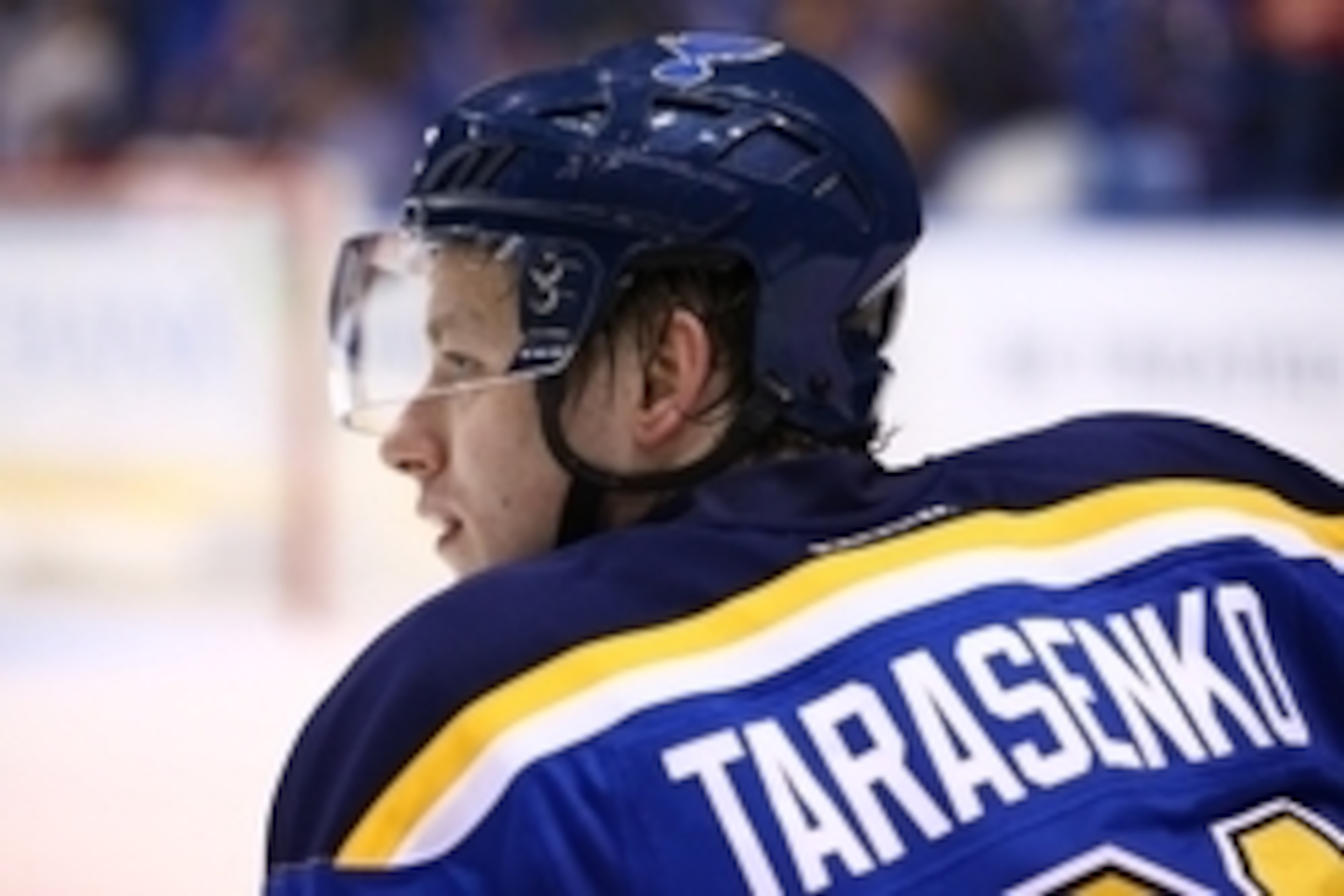 Oct 27, 2016; St. Louis, MO, USA; St. Louis Blues right wing Vladimir Tarasenko (91) is seen while there is a break in play during a game against the Detroit Red Wings at Scottrade Center. The Red Wings won 2-1 in a shootout. Mandatory Credit: Billy Hurst