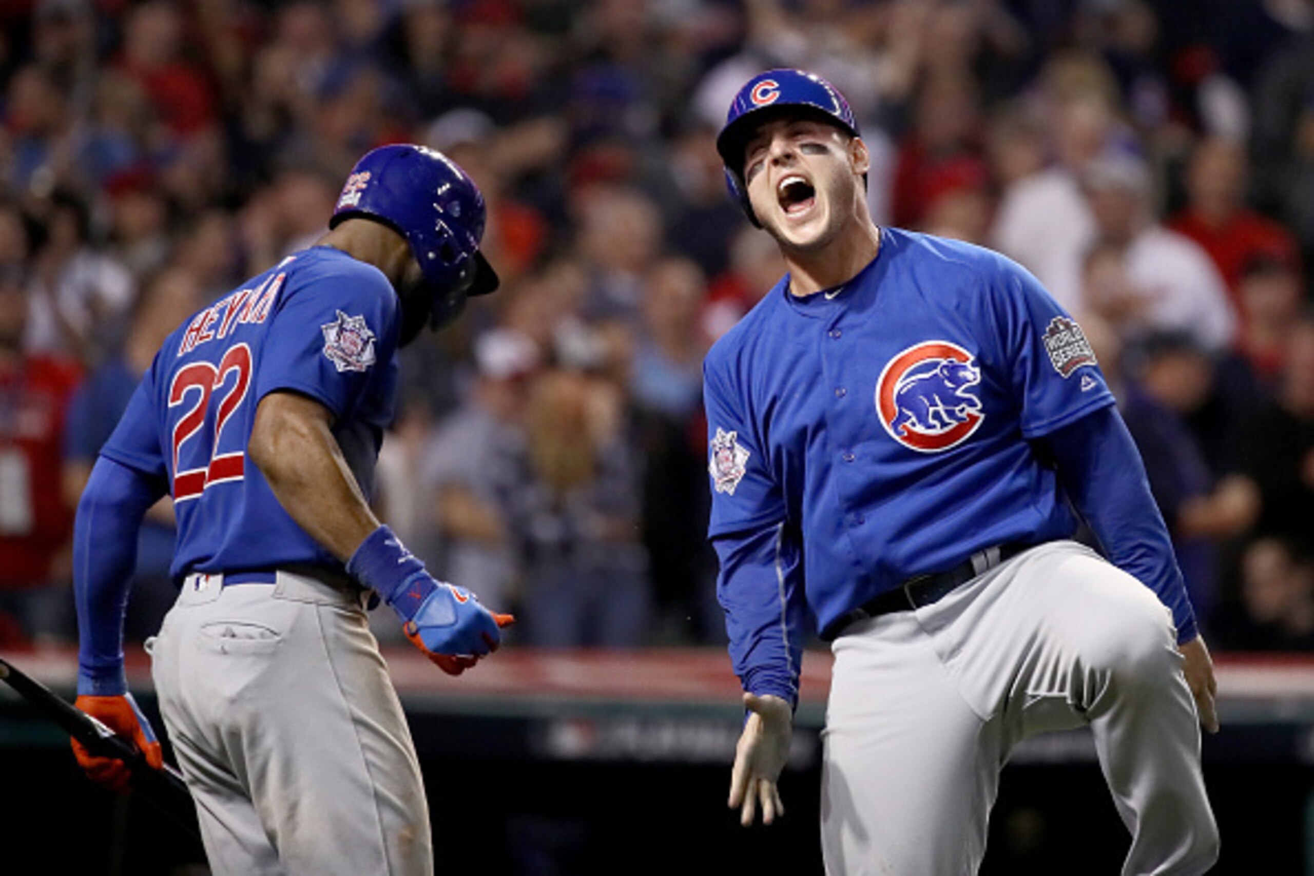 CLEVELAND, OH - NOVEMBER 02: Anthony Rizzo #44 of the Chicago Cubs celebrates with Jason Heyward #22 after Rizzo scores a run in the 10th inning on a Miguel Montero #47 against the Cleveland Indians in Game Seven of the 2016 World Series at Progressive F CLEVELAND, OH - NOVEMBER 02: Anthony Rizzo #44 of the Chicago Cubs celebrates with Jason Heyward #22 after Rizzo scores a run in the 10th inning on a Miguel Montero #47 against the Cleveland Indians in Game Seven of the 2016 World Series at Progressive F