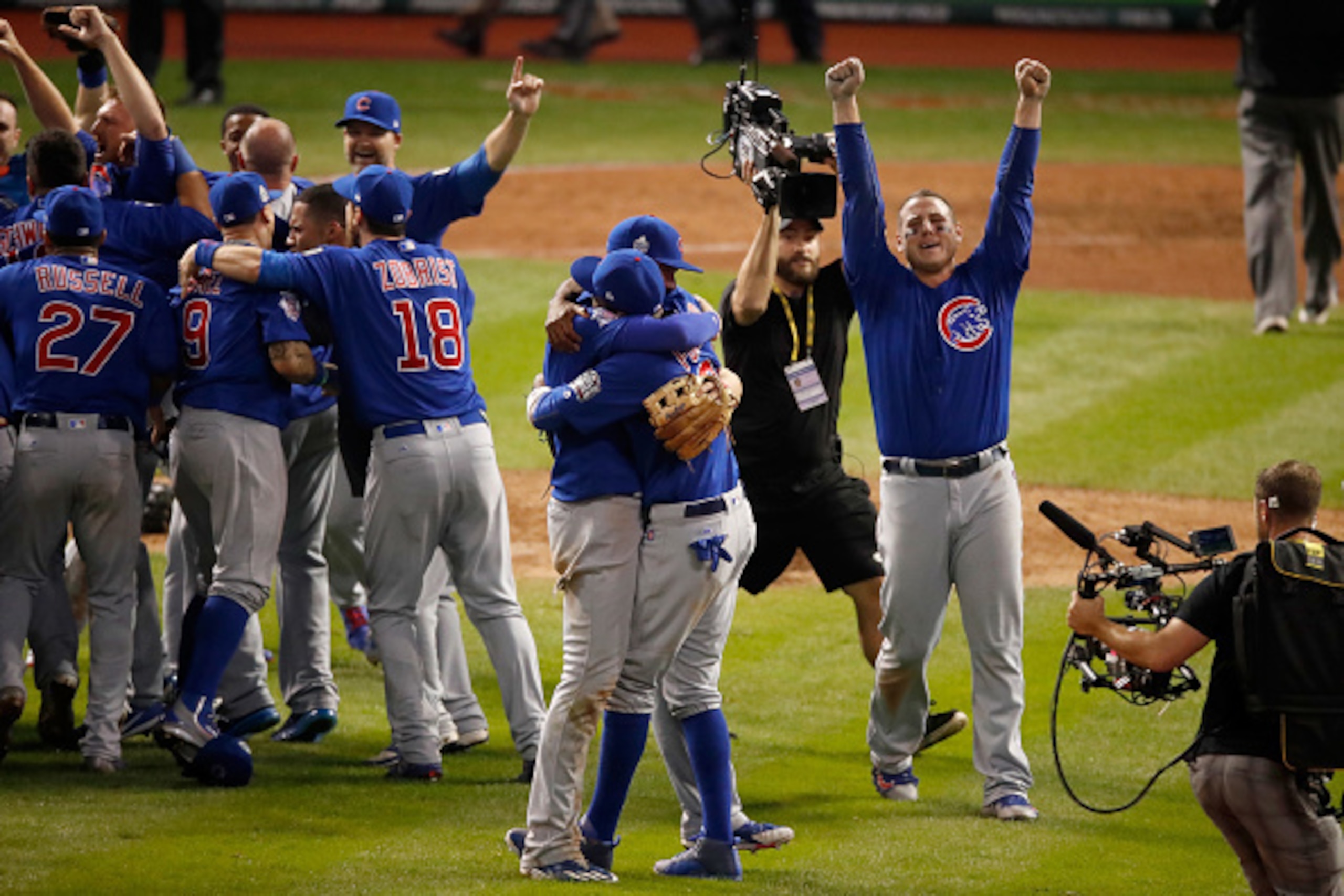 CLEVELAND, OH - NOVEMBER 02: Anthony Rizzo #44 and the Chicago Cubs celebrate after defeating the Cleveland Indians 8-7 in Game Seven of the 2016 World Series at Progressive Field on November 2, 2016 in Cleveland, Ohio. The Cubs win their first World Ser CLEVELAND, OH - NOVEMBER 02: Anthony Rizzo #44 and the Chicago Cubs celebrate after defeating the Cleveland Indians 8-7 in Game Seven of the 2016 World Series at Progressive Field on November 2, 2016 in Cleveland, Ohio. The Cubs win their first World Ser