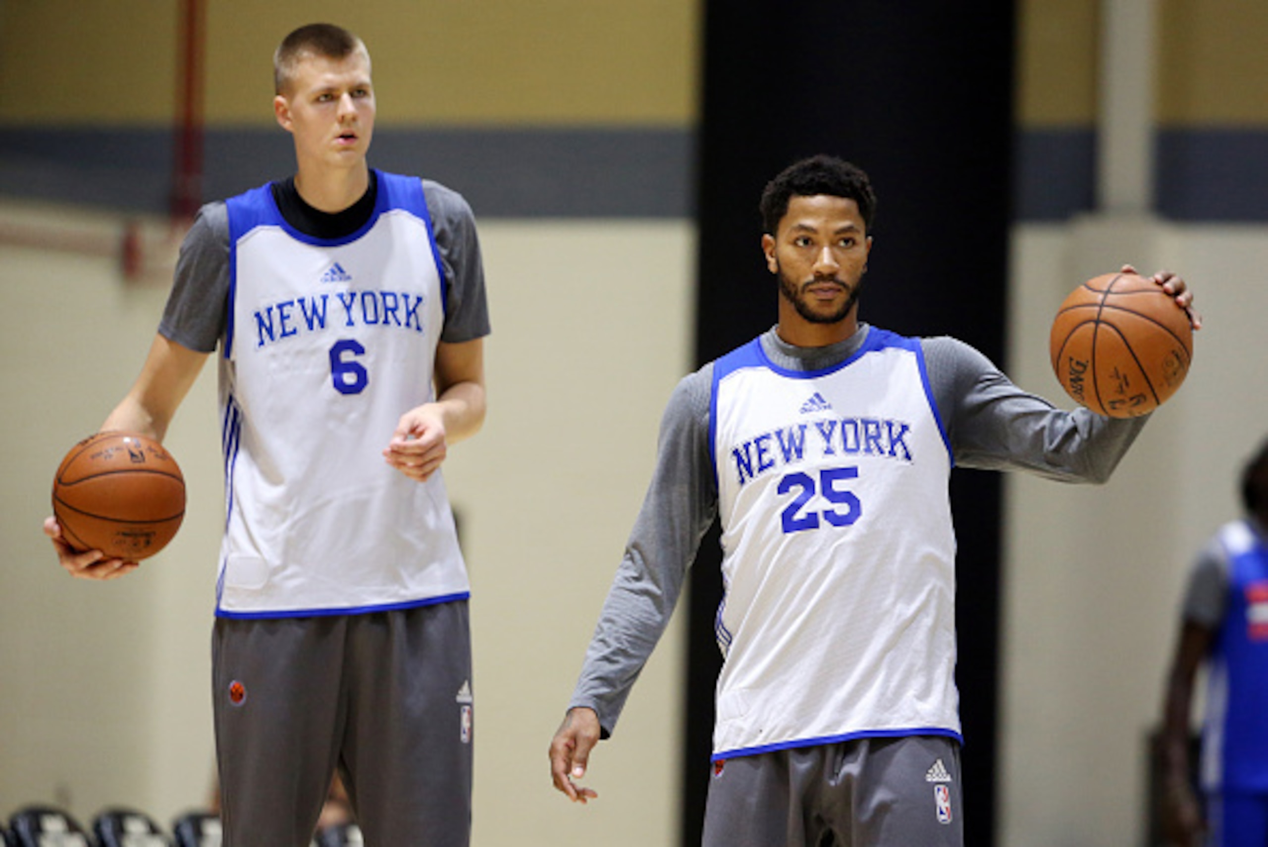 WEST POINT, NY - SEPTEMBER 30:  Kristaps Porzingis #6 of the New York Knicks and Derrick Rose #25 of the New York Knicks look on during training camp practice on September 30, 2016 at The U.S. Military Academy at West Point in West Point, New York.  NOTE 