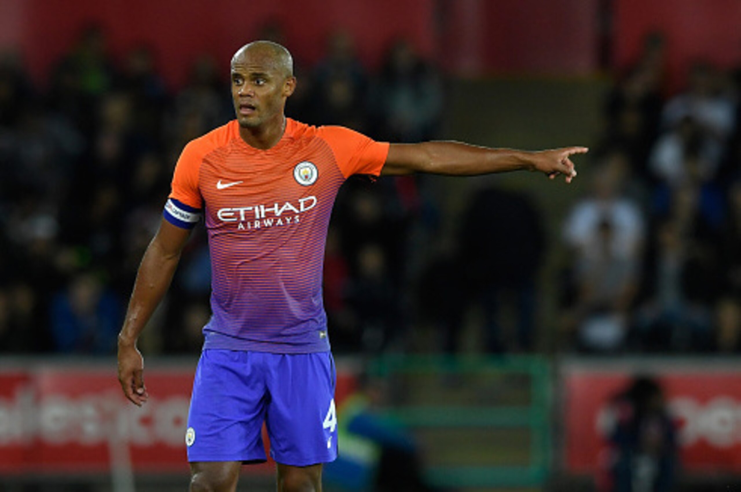 SWANSEA, WALES - SEPTEMBER 21:  Vincent Kompany of Manchester City in action during the EFL Cup Third Round match between Swansea City and Manchester City at the Liberty Stadium on September 21, 2016 in Swansea, Wales.  (Photo by Stu Forster/Getty Images)