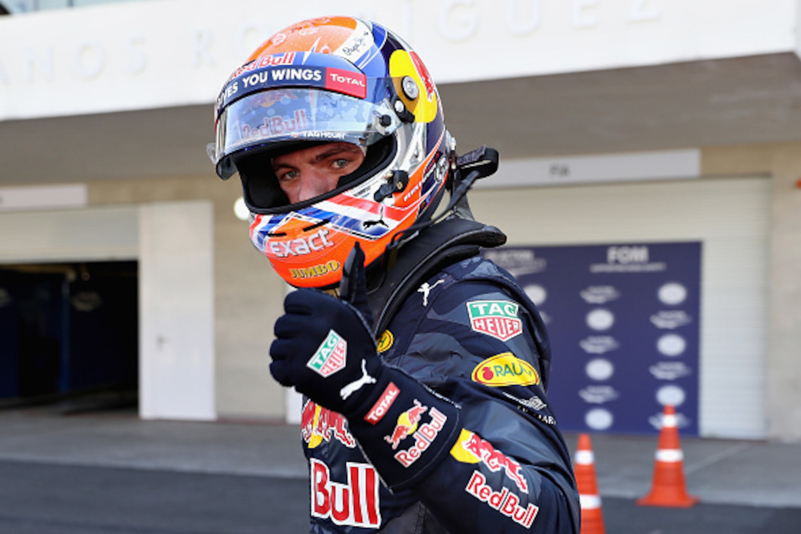 MEXICO CITY, MEXICO - OCTOBER 29:  Max Verstappen of Netherlands and Red Bull Racing celebrates qualifying in third position on the grid during qualifying for the Formula One Grand Prix of Mexico at Autodromo Hermanos Rodriguez on October 29, 2016 in Mexi