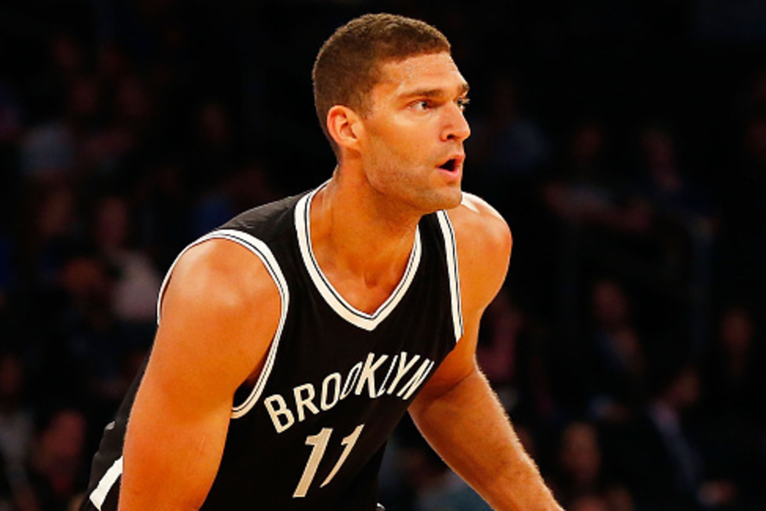 NEW YORK, NY - OCTOBER 08:  (NEW YORK DAILIES OUT)    Brook Lopez #11 of the Brooklyn Nets in action against the New York Knicks at Madison Square Garden on October 8, 2016 in New York City. The Knicks defeated the Nets 116-98.  NOTE TO USER: User express