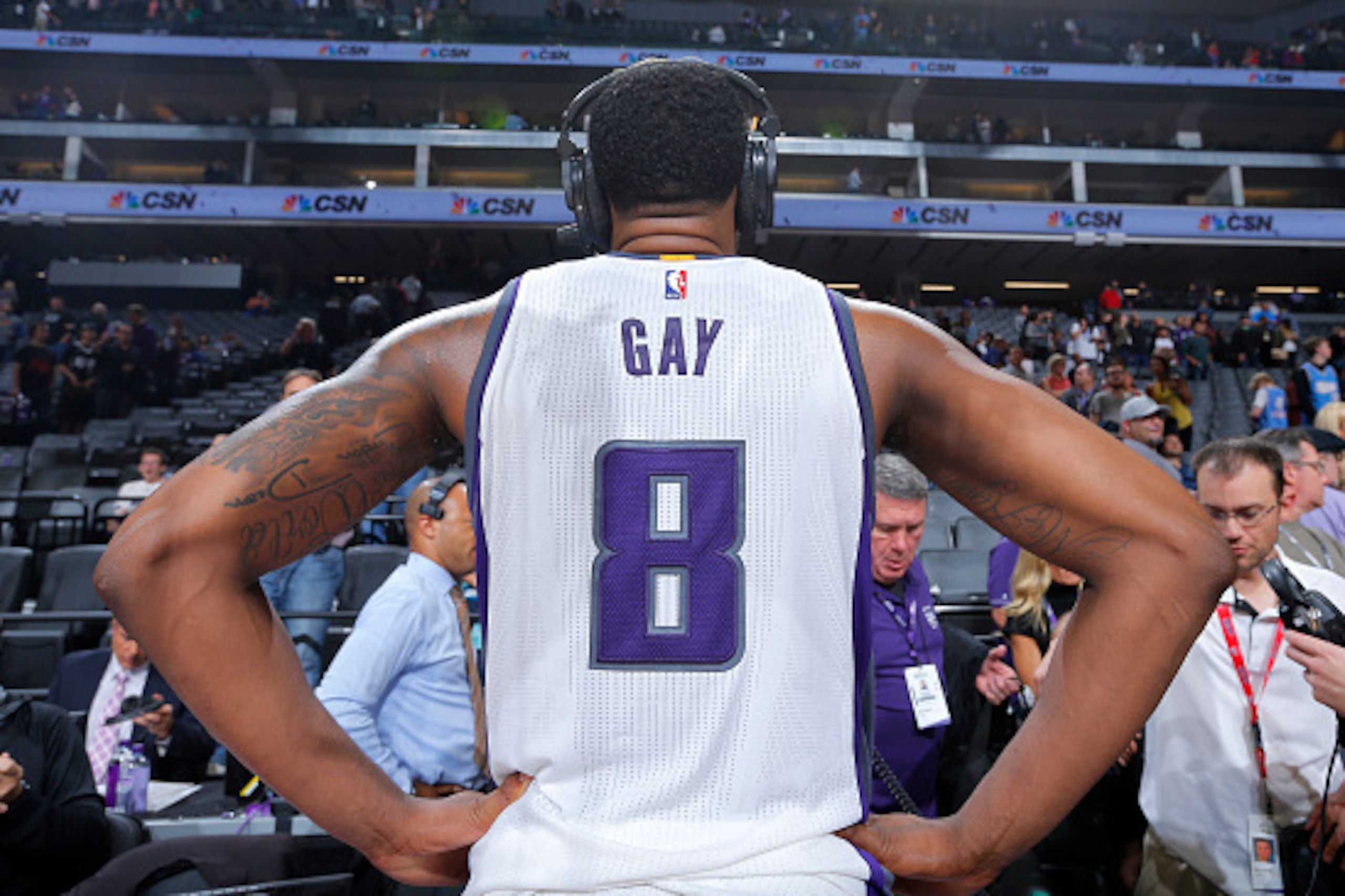 SACRAMENTO, CA - OCTOBER 29: Rudy Gay #8 of the Sacramento Kings speaks with media after the game against the Minnesota Timberwolves on October 29, 2016 at Golden 1 Center in Sacramento, California. NOTE TO USER: User expressly acknowledges and agrees tha