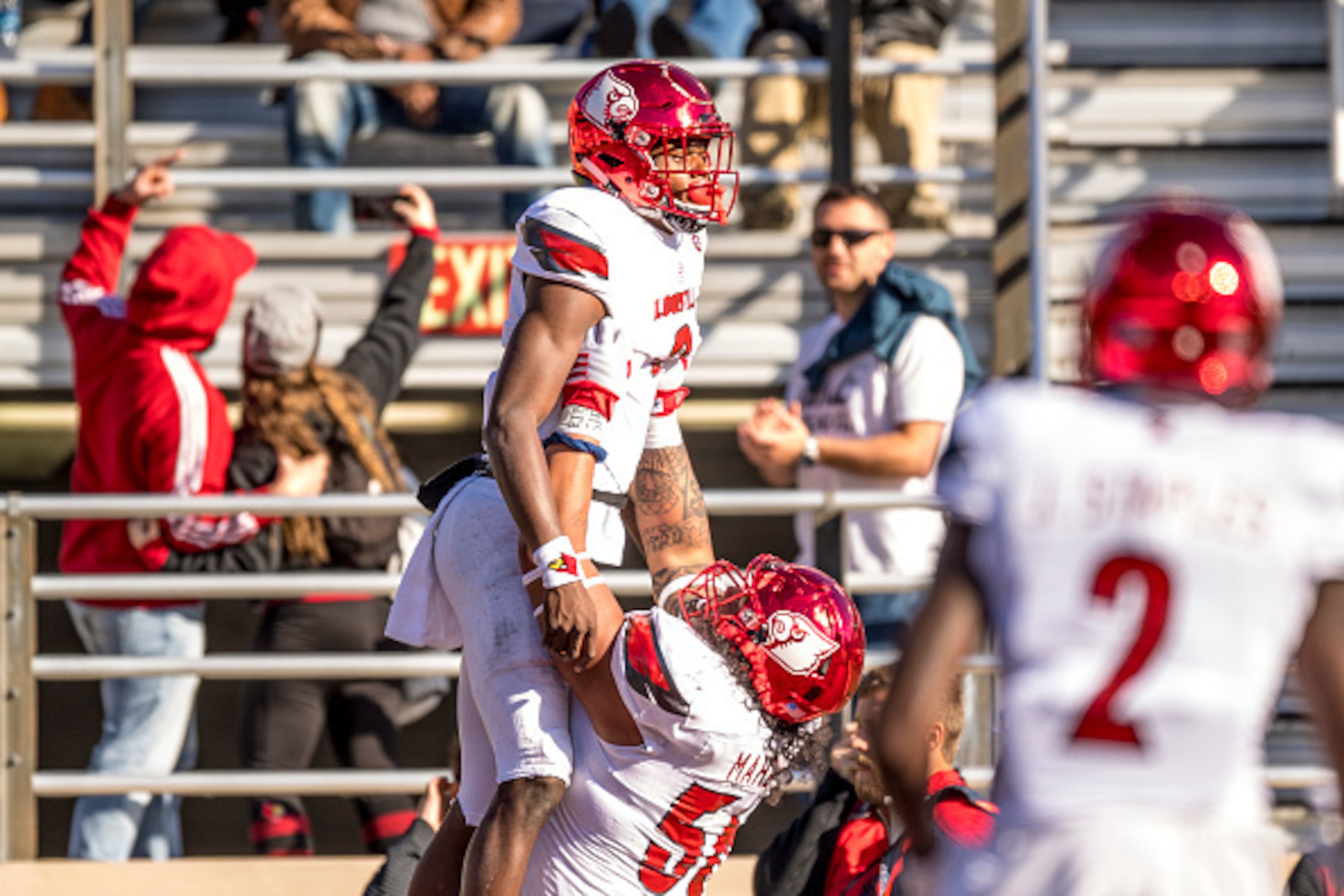 CHESTNUT HILL, MA - NOVEMBER 05: Lamar Jackson #8 of Louisville reacts after carrying the ball for a touchdown during the third quarter of a game against Boston College at Alumni Stadium on November 5, 2016 in Chestnut Hill, Massachusetts.  (Photo by Bill