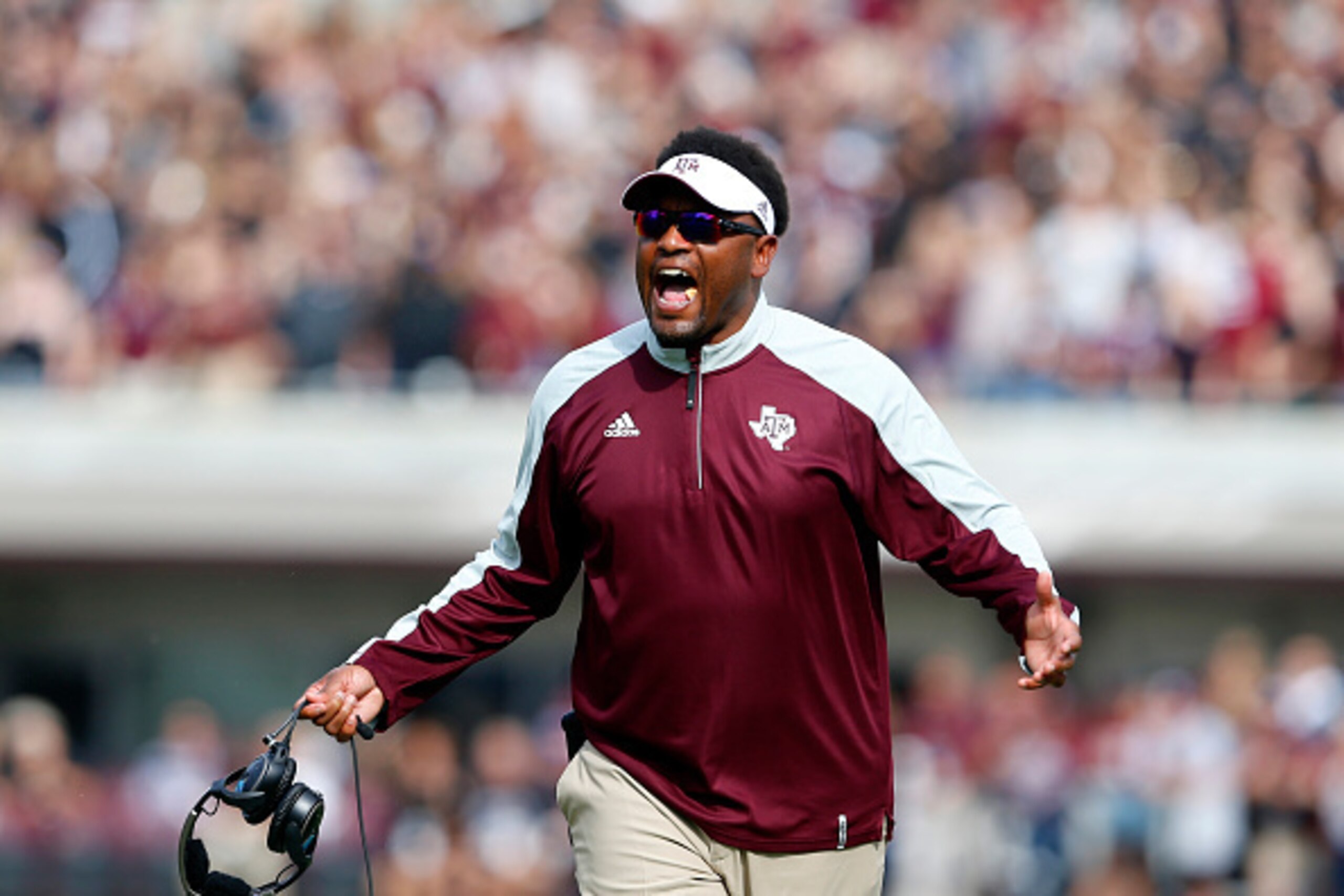 STARKVILLE, MS - NOVEMBER 5: Head coach Kevin Sumlin of the Texas A&M Aggies reacts to a call during the first half of an NCAA college football game against the Mississippi State Bulldogs at Davis Wade Stadium on November 5, 2016 in Starkville, Mississipp