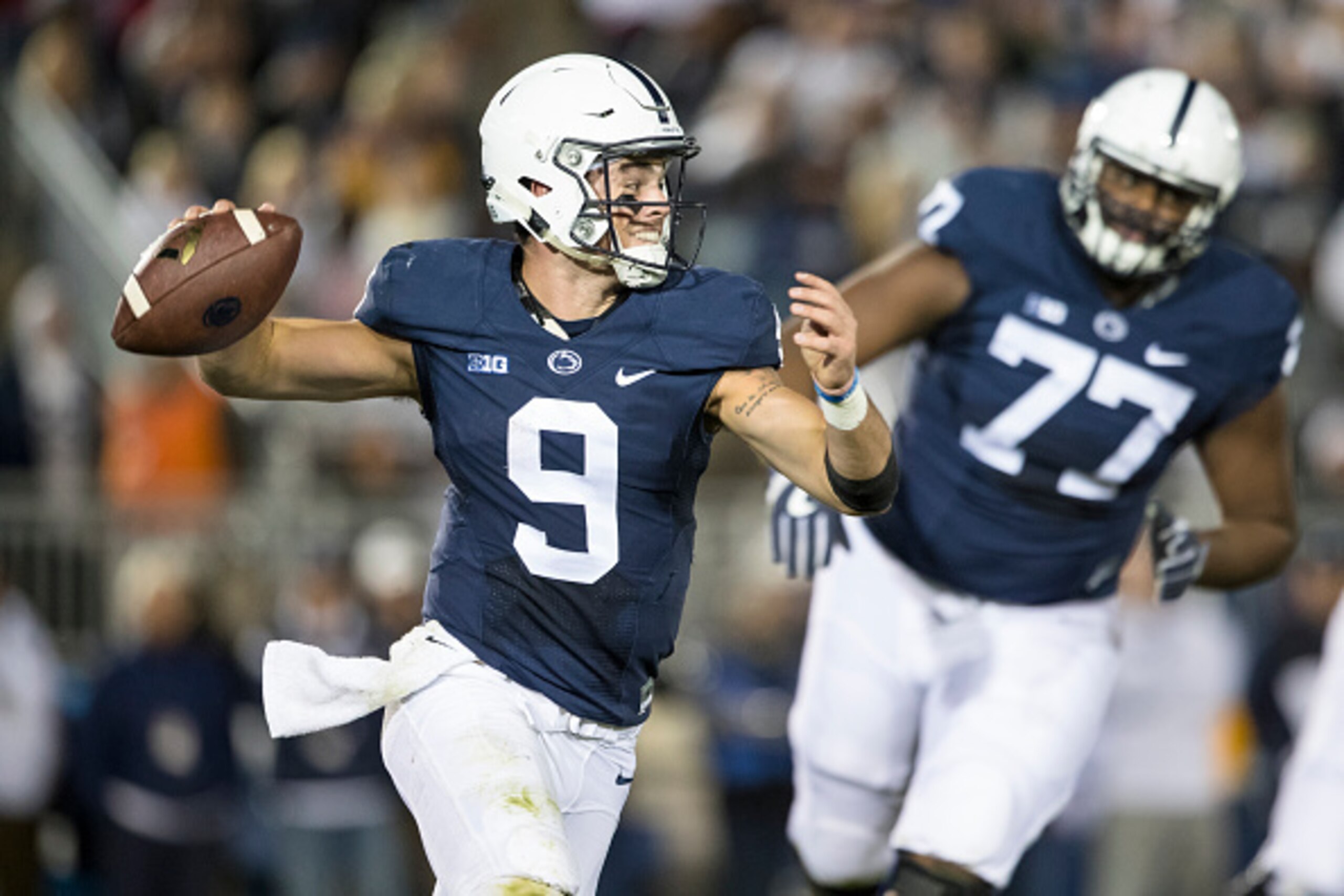 STATE COLLEGE, PA - NOVEMBER 05: Trace McSorley #9 of the Penn State Nittany Lions passes the ball on the run during the first half against the Iowa Hawkeyes on November 5, 2016 at Beaver Stadium in State College, Pennsylvania. (Photo by Brett Carlsen/G STATE COLLEGE, PA - NOVEMBER 05: Trace McSorley #9 of the Penn State Nittany Lions passes the ball on the run during the first half against the Iowa Hawkeyes on November 5, 2016 at Beaver Stadium in State College, Pennsylvania. (Photo by Brett Carlsen/G