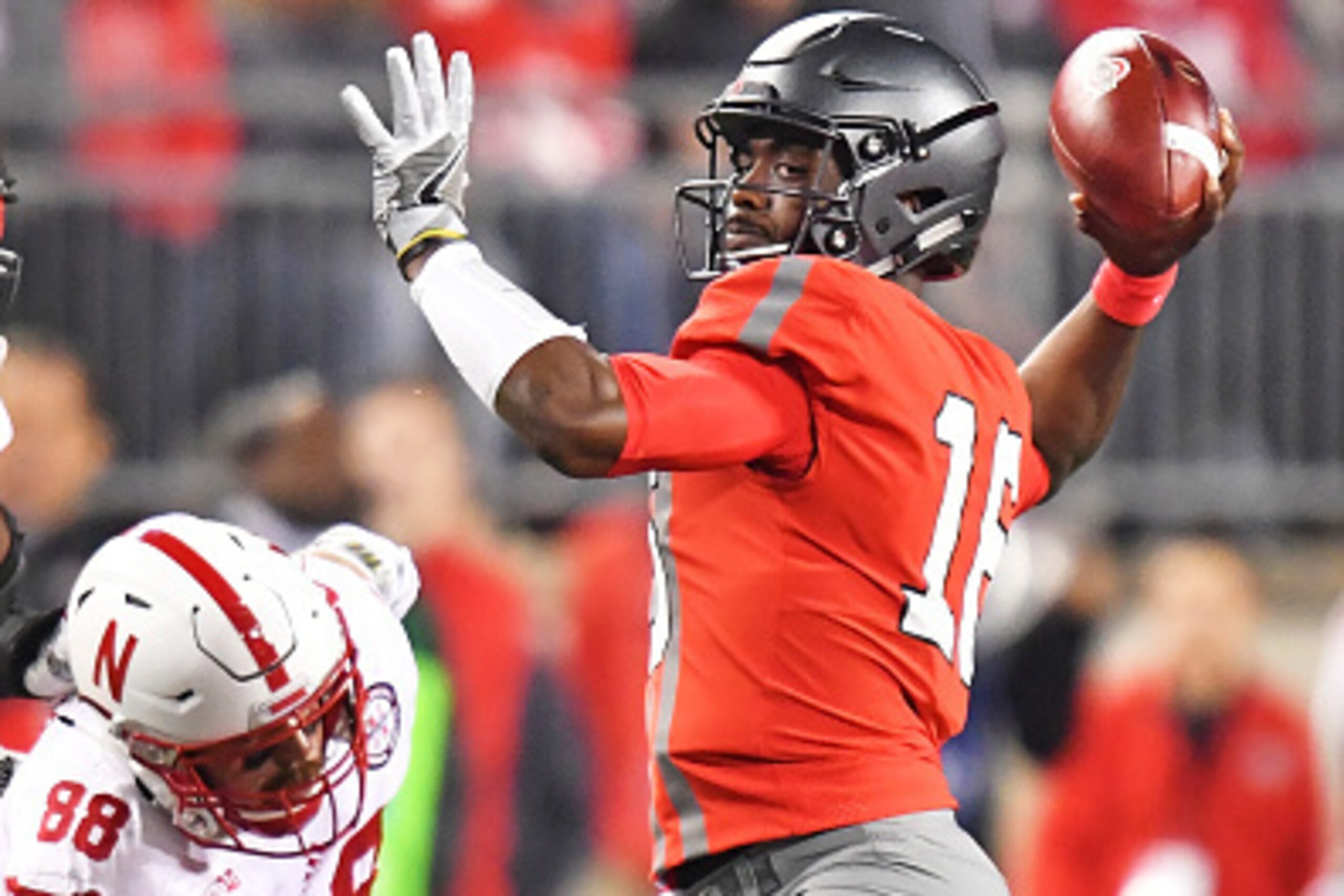 COLUMBUS, OH - NOVEMBER 5:  Quarterback J.T. Barrett #16 of the Ohio State Buckeyes passes downfield in the second quarter against the Nebraska Cornhuskers at Ohio Stadium on November 5, 2016 in Columbus, Ohio.  (Photo by Jamie Sabau/Getty Images)