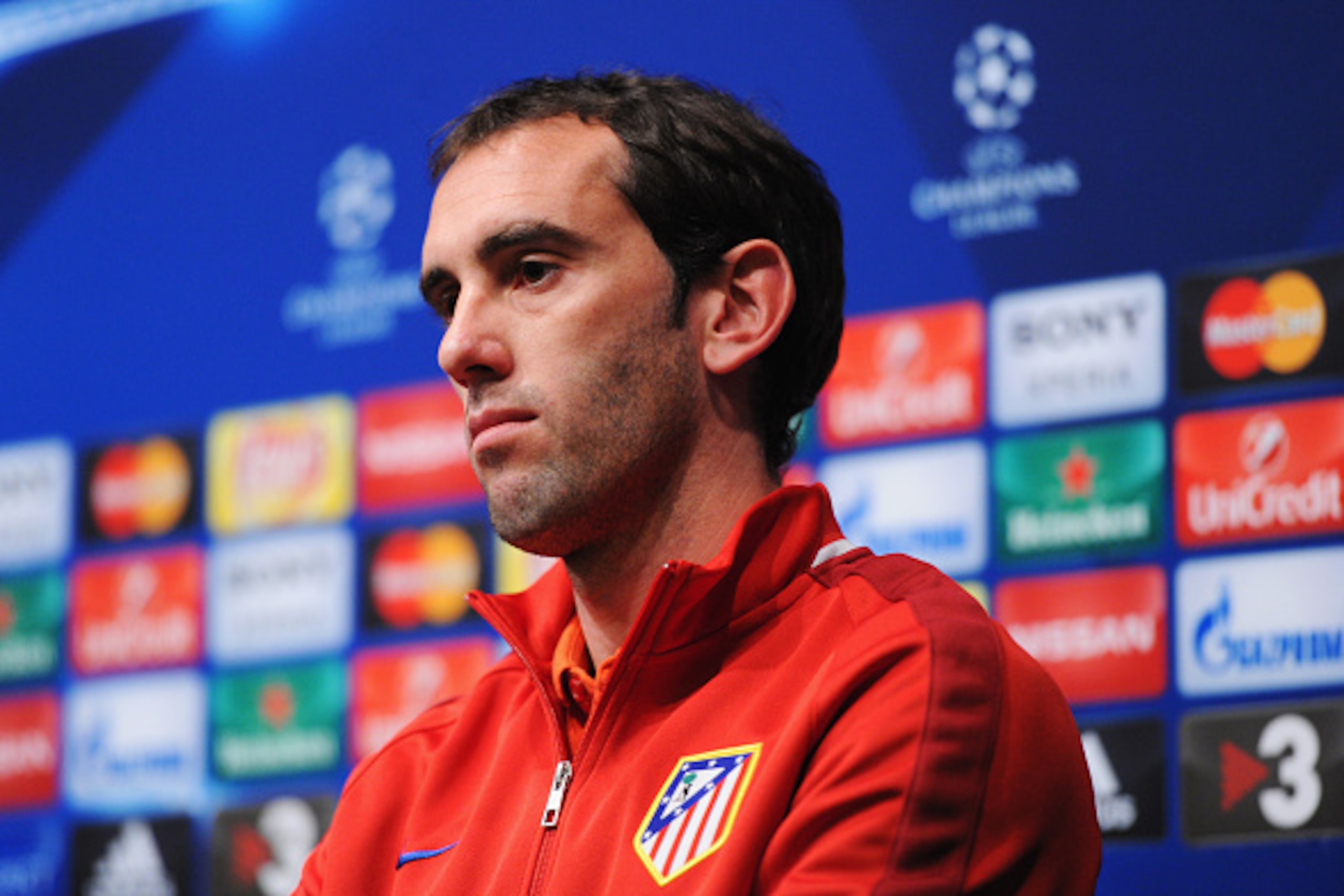 BARCELONA, SPAIN - APRIL 04:  Diego Godin looks on during an Atletico Madrid press conference ahead of their UEFA Champions League quarter final first leg match against Barcelona at Camp Nou on April 4, 2016 in Barcelona, Spain.  (Photo by David Ramos/Get