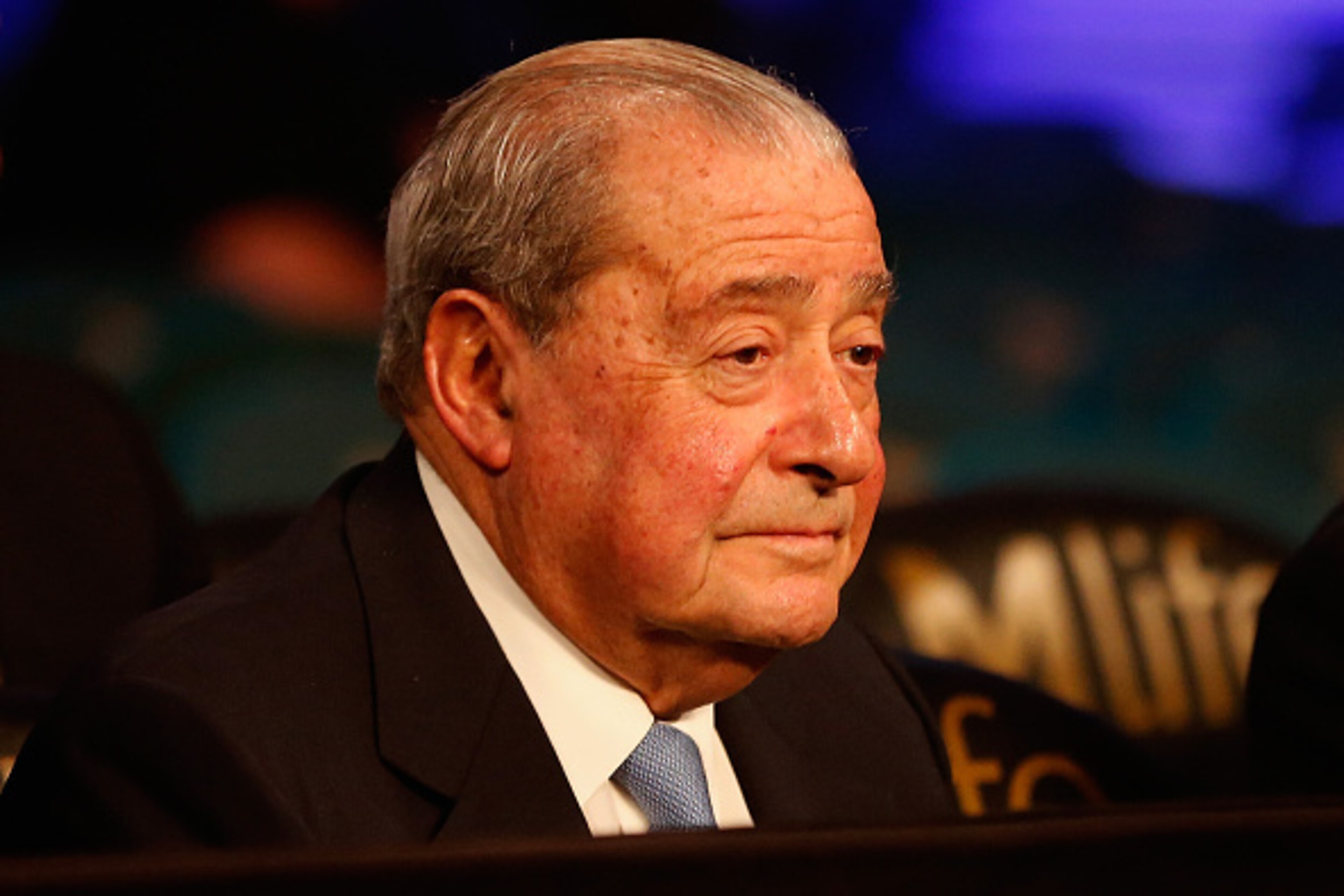 LAS VEGAS, NEVADA - APRIL 09:  Top Rank Founder and CEO Bob Arum sits ringside during the super featherweight fight between Devin Haney and Rafael Vazquez on April 9, 2016 at MGM Grand Garden Arena in Las Vegas, Nevada.  (Photo by Christian Petersen/Getty