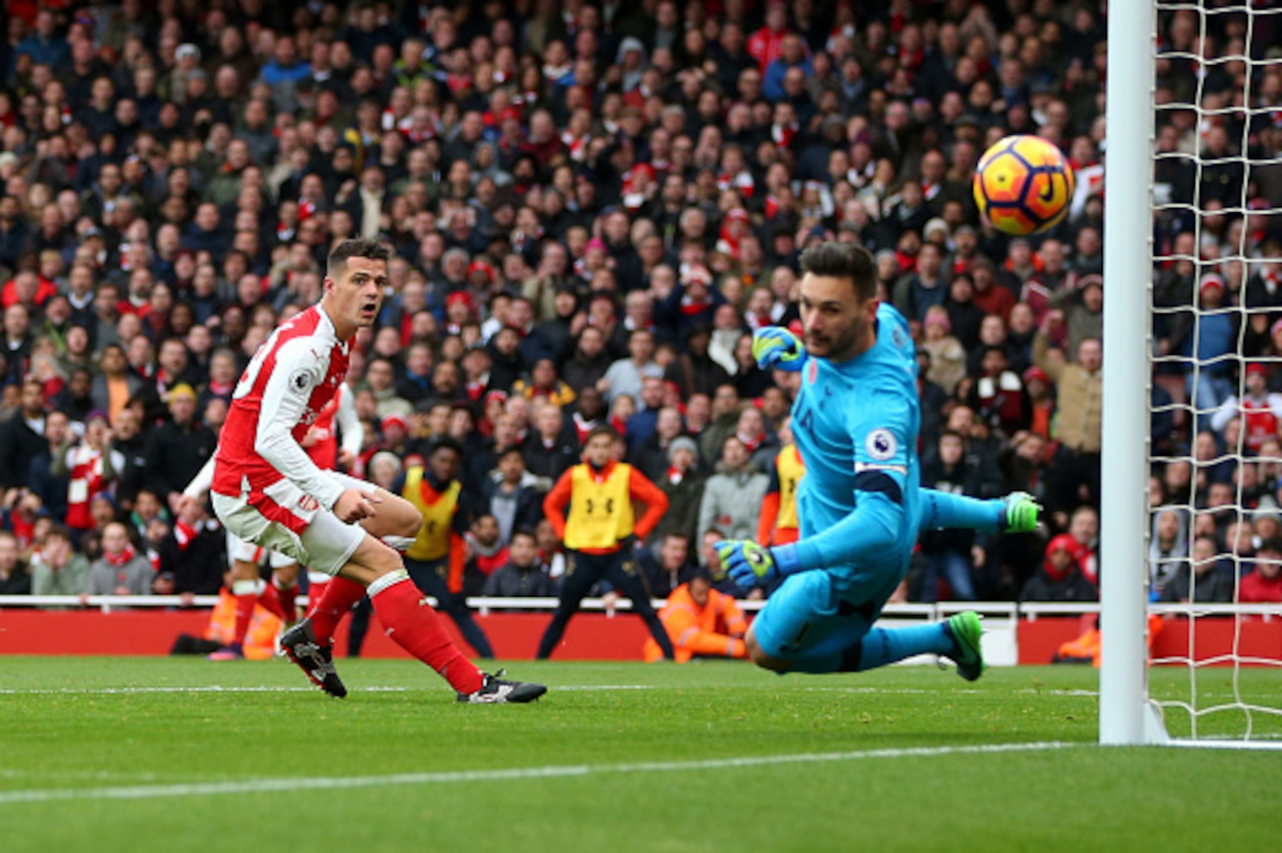 LONDON, ENGLAND - NOVEMBER 06: Granit Xhaka of Arsenal watches his shot go wide during the Premier League match between Arsenal and Tottenham Hotspur at Emirates Stadium on November 6, 2016 in London, England. (Photo by Catherine Ivill - AMA/Getty Images) LONDON, ENGLAND - NOVEMBER 06: Granit Xhaka of Arsenal watches his shot go wide during the Premier League match between Arsenal and Tottenham Hotspur at Emirates Stadium on November 6, 2016 in London, England. (Photo by Catherine Ivill - AMA/Getty Images)