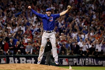 CLEVELAND, OH - NOVEMBER 02:  Kris Bryant #17 of the Chicago Cubs celebrates after defeating the Cleveland Indians 8-7 in Game Seven of the 2016 World Series at Progressive Field on November 2, 2016 in Cleveland, Ohio. The Cubs win their first World Serie