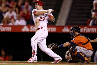 ANAHEIM, CA - SEPTEMBER 30:  Mike Trout #27 of the Los Angeles Angels of Anaheim follows through on a swing during  a game against the Houston Astros  at Angel Stadium of Anaheim on September 30, 2016 in Anaheim, California.  (Photo by Sean M. Haffey/Gett