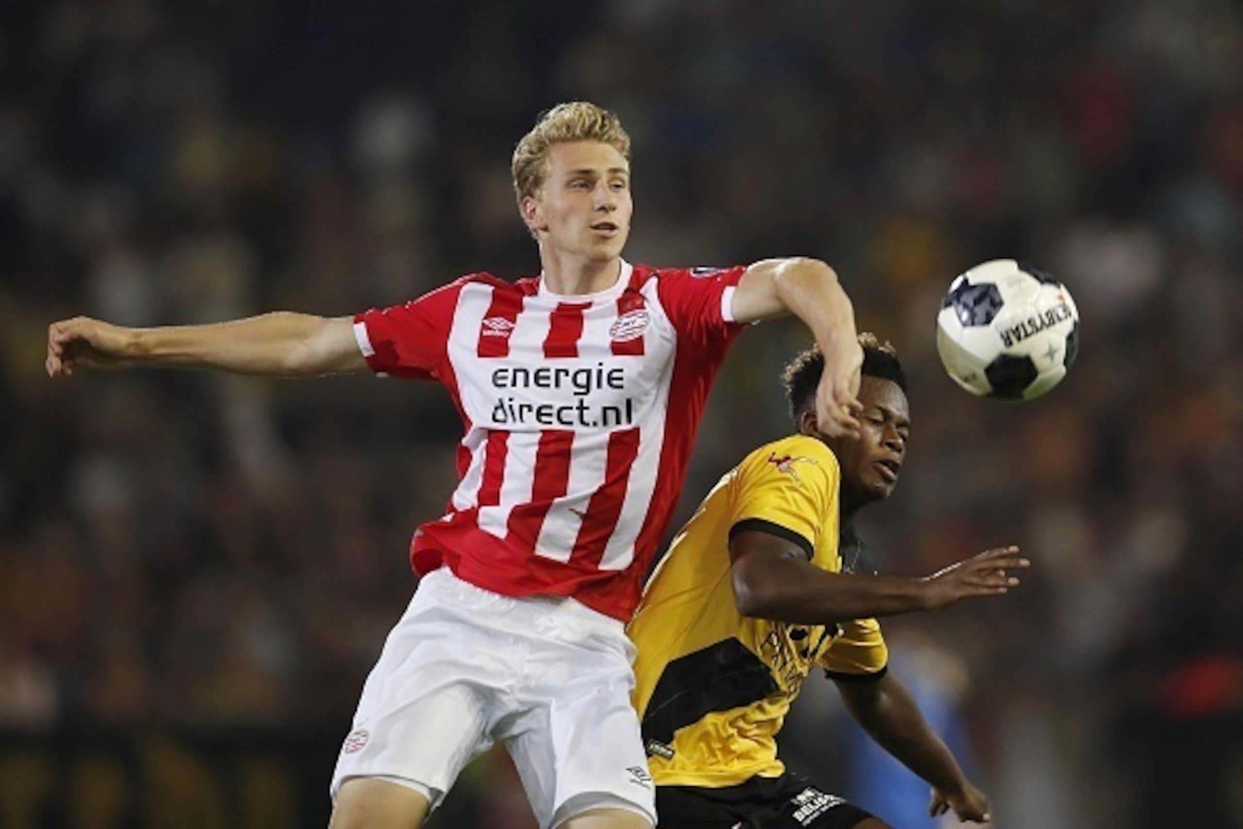 (L-R) Matthias Verreth of Jong PSV, Ashley Smith-Brown of NAC Breda during the Jupiler League match between NAC Breda and Jong PSV Eindhoven at the Rat Verlegh stadium on September 09, 2016 in Breda, The Netherlands(Photo by VI Images via Getty Images)
