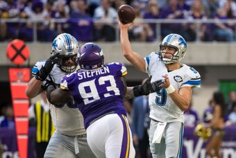 Nov 6, 2016; Minneapolis, MN, USA; Detroit Lions quarterback Matthew Stafford (9) throws during the second quarter against the Minnesota Vikings at U.S. Bank Stadium. Mandatory Credit: Brace Hemmelgarn-USA TODAY Sports