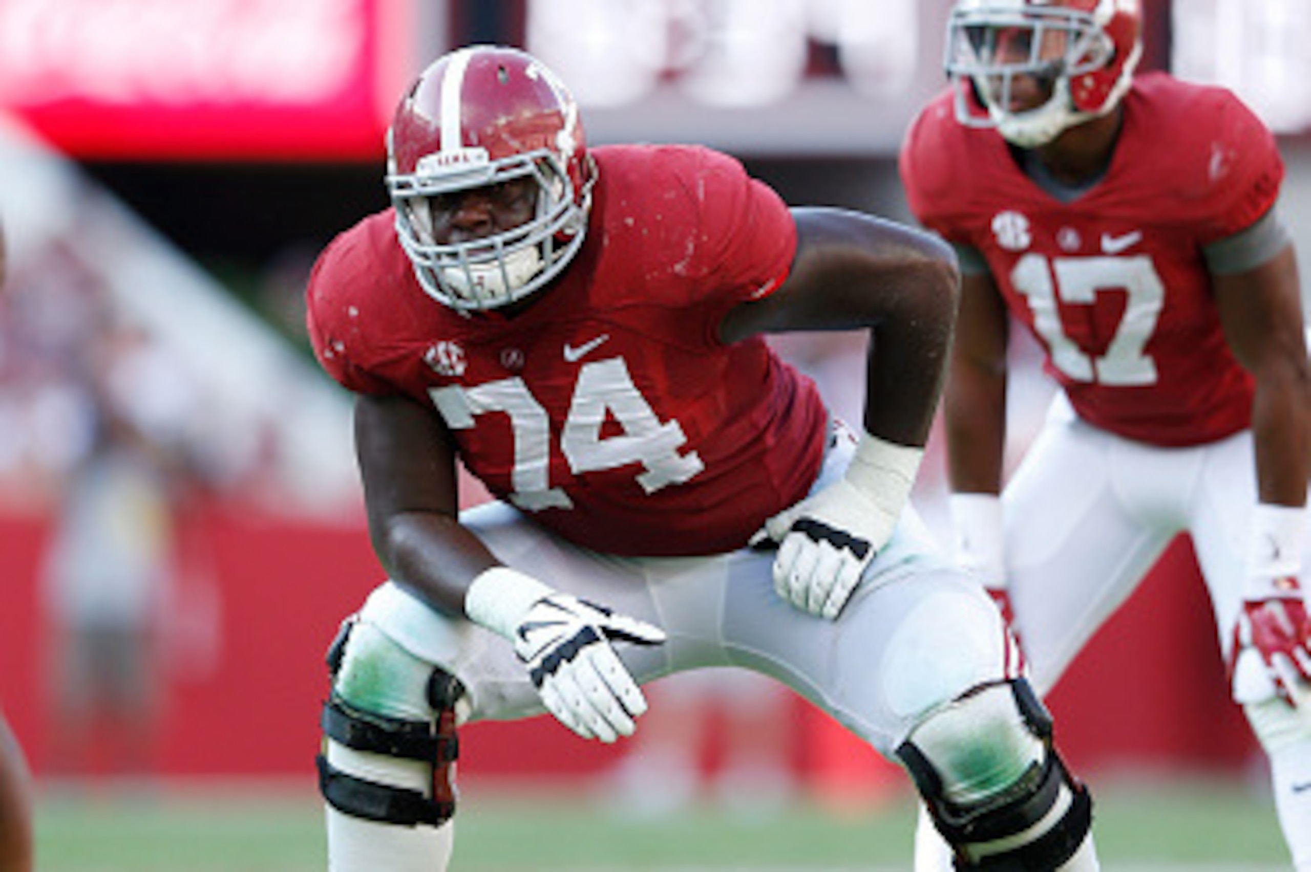 TUSCALOOSA, AL - SEPTEMBER 20: Cam Robinson #74 of the Alabama Crimson Tide lines up against the Florida Gators during the game at Bryant-Denny Stadium on September 20, 2014 in Tuscaloosa, Alabama. Alabama defeated Florida 42-21. (Photo by Joe Robbins/Get TUSCALOOSA, AL - SEPTEMBER 20: Cam Robinson #74 of the Alabama Crimson Tide lines up against the Florida Gators during the game at Bryant-Denny Stadium on September 20, 2014 in Tuscaloosa, Alabama. Alabama defeated Florida 42-21. (Photo by Joe Robbins/Get