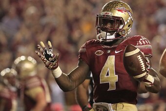 TALLAHASSEE, FL - OCTOBER 29:  Dalvin Cook #4 of the Florida State Seminoles celebrates a touchdown during a game against the Clemson Tigers at Doak Campbell Stadium on October 29, 2016 in Tallahassee, Florida.  (Photo by Mike Ehrmann/Getty Images)