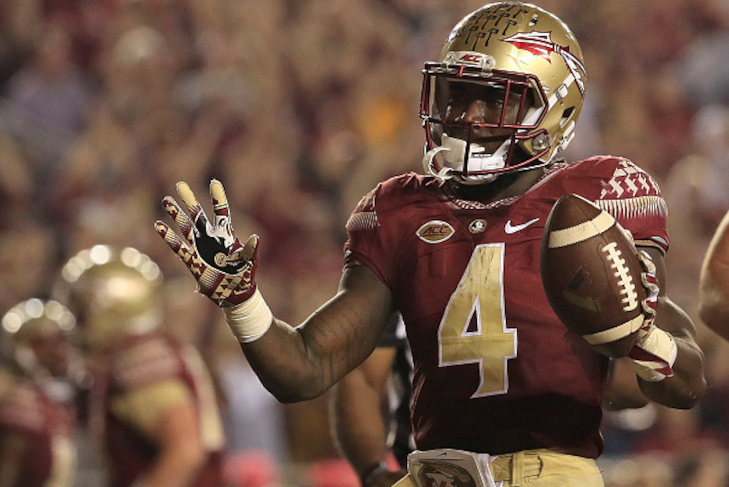 TALLAHASSEE, FL - OCTOBER 29: Dalvin Cook #4 of the Florida State Seminoles celebrates a touchdown during a game against the Clemson Tigers at Doak Campbell Stadium on October 29, 2016 in Tallahassee, Florida. (Photo by Mike Ehrmann/Getty Images) TALLAHASSEE, FL - OCTOBER 29: Dalvin Cook #4 of the Florida State Seminoles celebrates a touchdown during a game against the Clemson Tigers at Doak Campbell Stadium on October 29, 2016 in Tallahassee, Florida. (Photo by Mike Ehrmann/Getty Images)