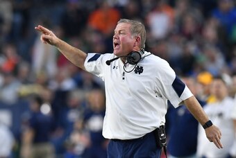 Oct 29, 2016; South Bend, IN, USA; Notre Dame Fighting Irish head coach Brian Kelly yells to an official in the fourth quarter against the Miami Hurricanes at Notre Dame Stadium. Notre Dame won 30-27. Mandatory Credit: Matt Cashore-USA TODAY Sports