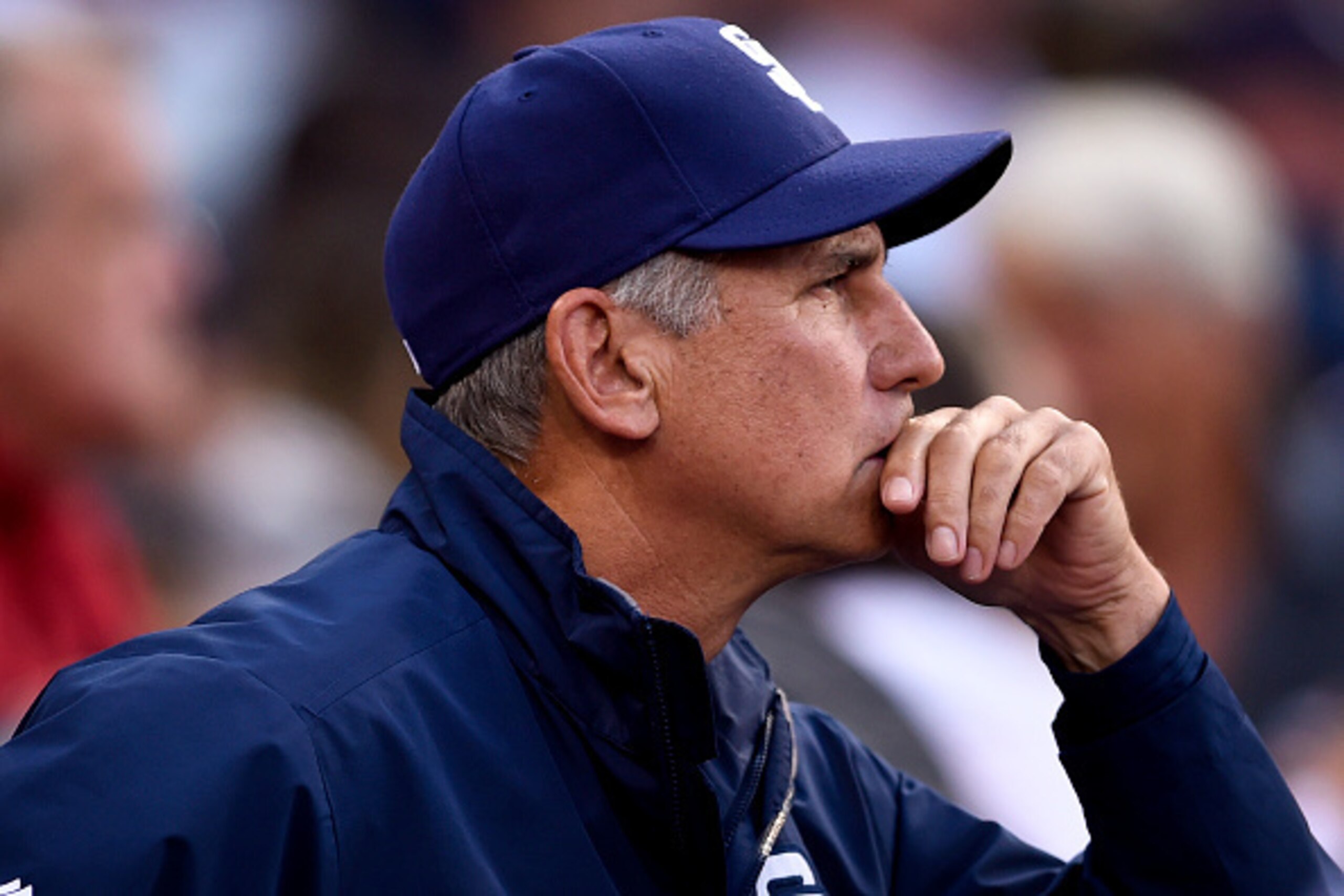 SAN DIEGO, CA - APRIL 15: Bud Black #20 of the San Diego Padres  watches the game against the Arizona Diamondbacks at Petco Park on April 15, 2015 in San Diego, California. (Photo by Andy Hayt/San Diego Padres/Getty Images)