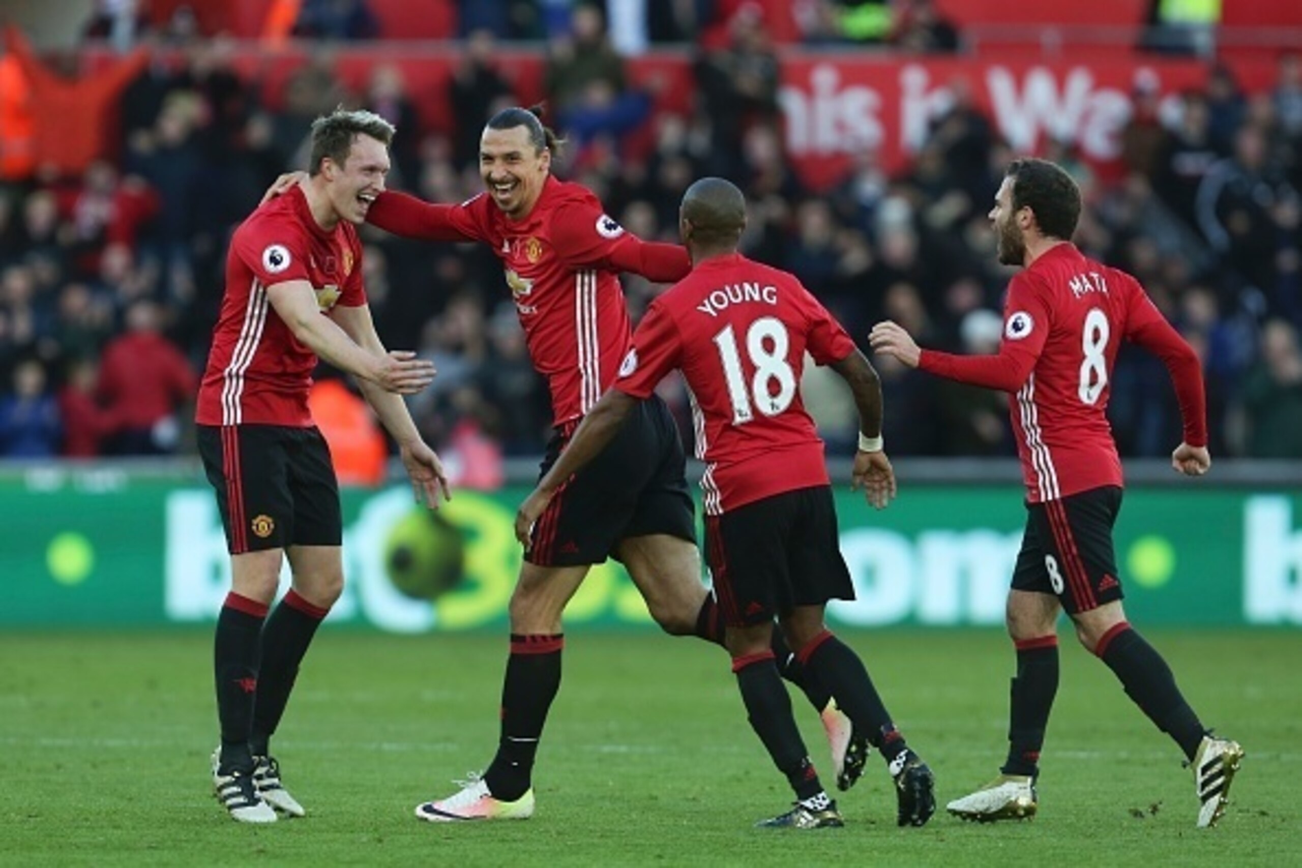 Manchester United's Swedish striker Zlatan Ibrahimovic (2L) celebrates scoring his team's second goal during the English Premier League football match between Swansea City and Manchester United at The Liberty Stadium in Swansea, south Wales on November 6, Manchester United's Swedish striker Zlatan Ibrahimovic (2L) celebrates scoring his team's second goal during the English Premier League football match between Swansea City and Manchester United at The Liberty Stadium in Swansea, south Wales on November 6,
