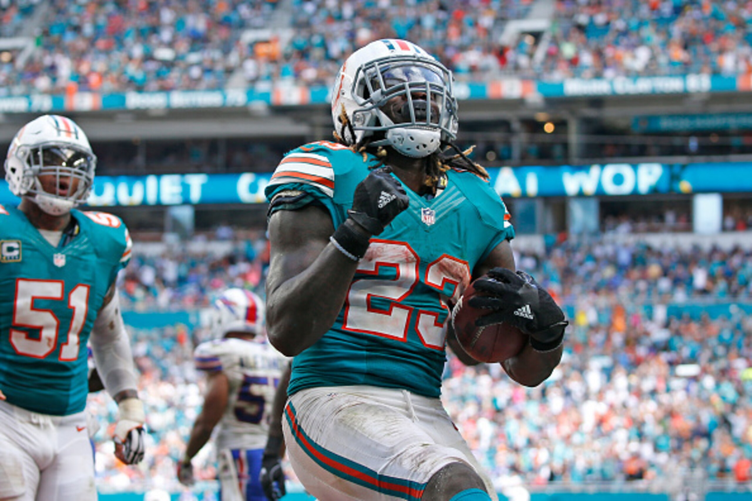 MIAMI GARDENS, FL - OCTOBER 23: Jay Ajayi #23 of the Miami Dolphins celebrates after scoring a touchdown against the Buffalo Bills on October 23, 2016 at Hard Rock Stadium in Miami Gardens, Florida. Miami defeated Buffalo 28-25. (Photo by Joel Auerbach/Ge