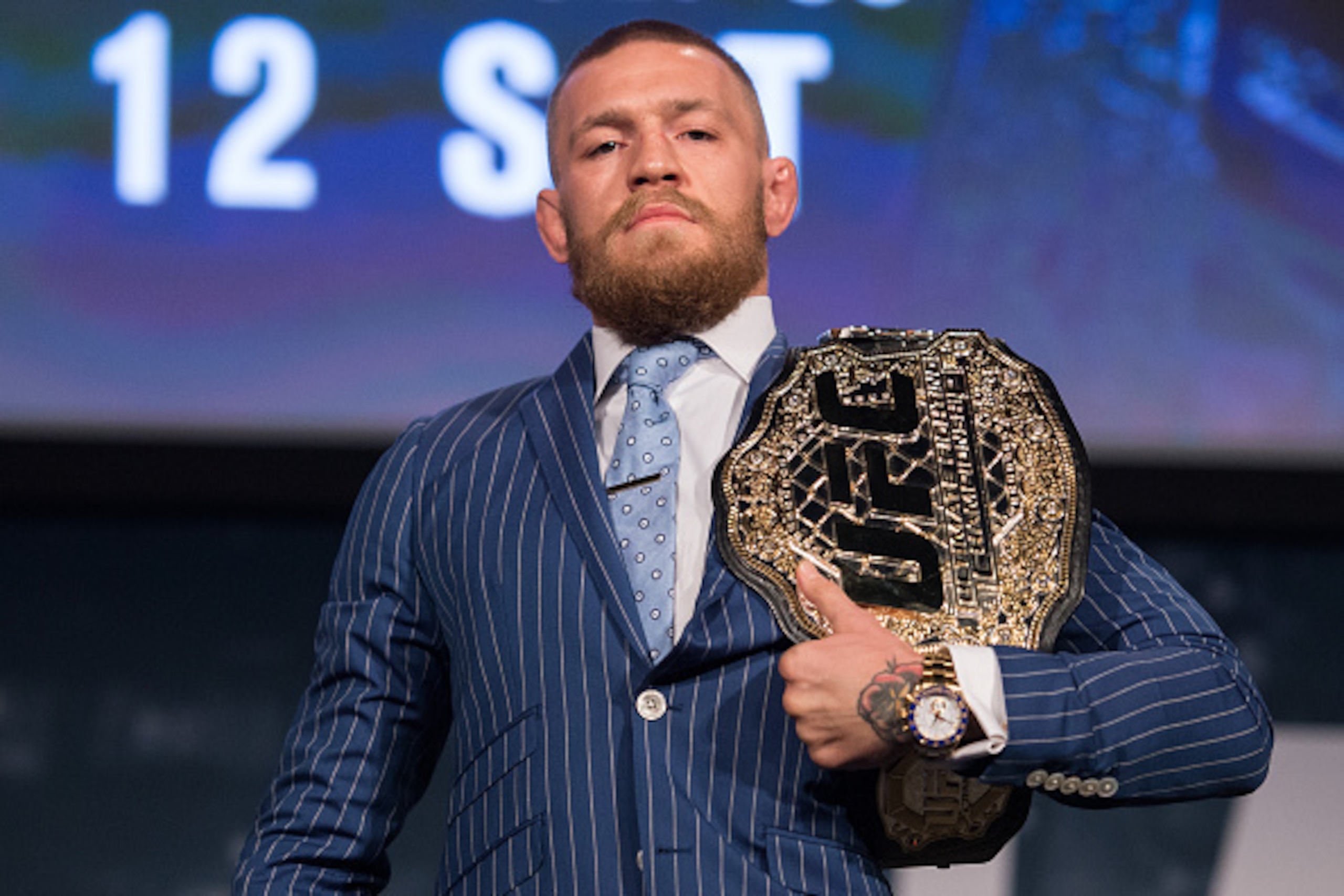 NEW YORK, NY - SEPTEMBER 27:  UFC featherweight champion Conor McGregor poses for a picture during the UFC 205 press event at Madison Square Garden on September 27, 2016 in New York City. (Photo by Brandon Magnus/Zuffa LLC/Zuffa LLC via Getty Images)