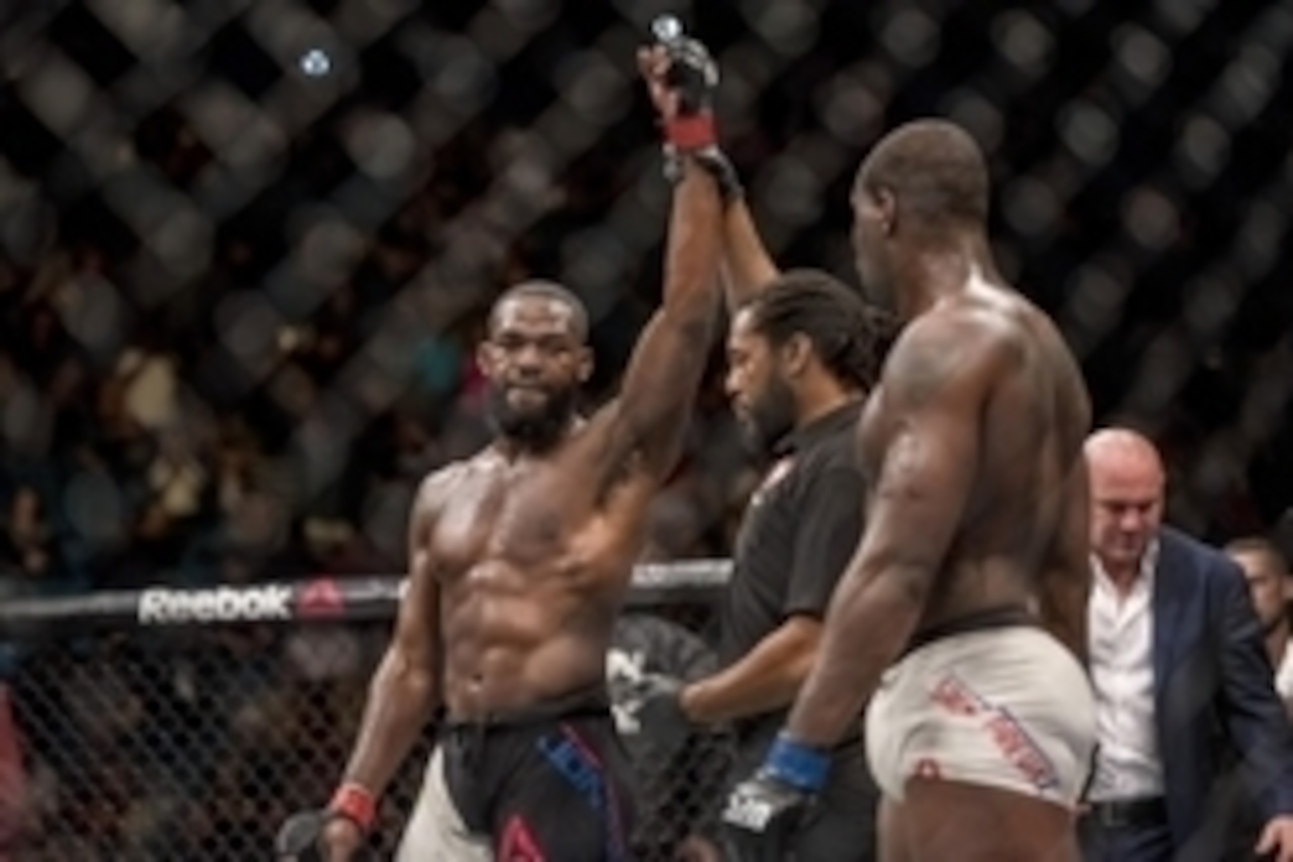 Apr 23, 2016; Las Vegas, NV, USA; Jon Jones (red gloves) reacts after defeating Ovince Saint Preux (blue gloves) during UFC 197 at MGM Grand Garden Arena. Mandatory Credit: Joshua Dahl-USA TODAY Sports