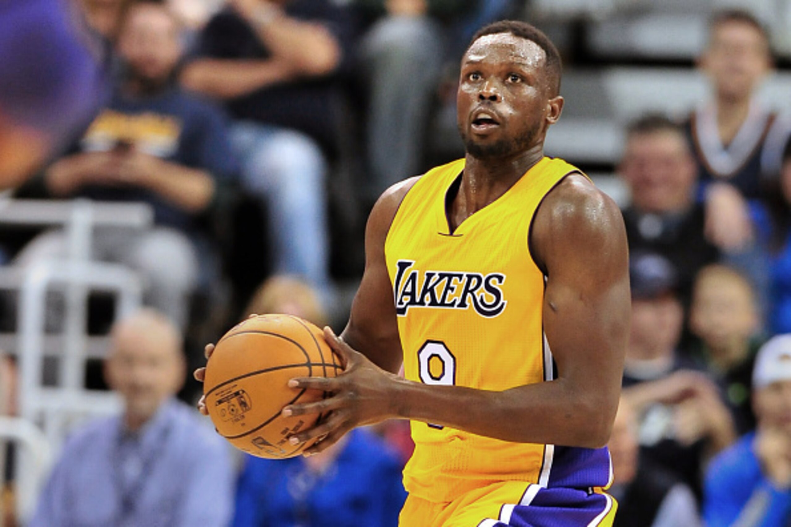 SALT LAKE CITY, UT - OCTOBER 28: Luol Deng #9 of the Los Angeles Lakers looks to shoot the ball during their game against the Utah Jazz at Vivint Smart Home Arena on October 28, 2016 in Salt Lake City, Utah. NOTE TO USER: User expressly acknowledges and a SALT LAKE CITY, UT - OCTOBER 28: Luol Deng #9 of the Los Angeles Lakers looks to shoot the ball during their game against the Utah Jazz at Vivint Smart Home Arena on October 28, 2016 in Salt Lake City, Utah. NOTE TO USER: User expressly acknowledges and a